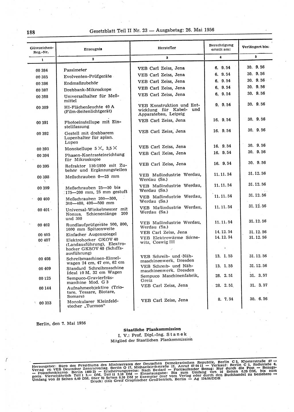 Gesetzblatt (GBl.) der Deutschen Demokratischen Republik (DDR) Teil ⅠⅠ 1956, Seite 188 (GBl. DDR ⅠⅠ 1956, S. 188)