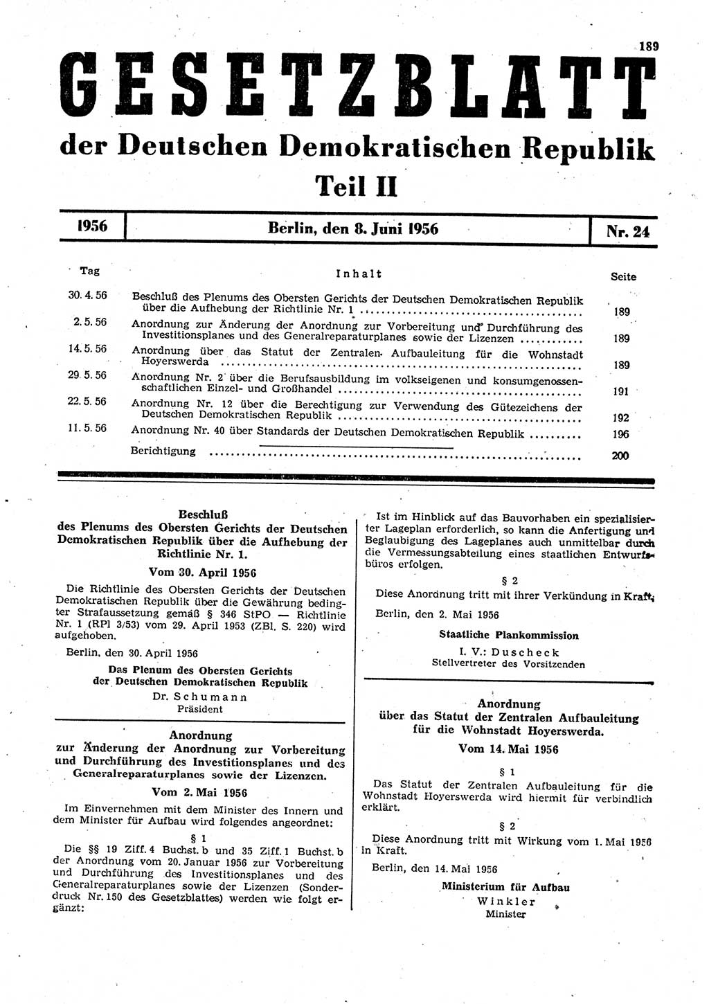 Gesetzblatt (GBl.) der Deutschen Demokratischen Republik (DDR) Teil ⅠⅠ 1956, Seite 189 (GBl. DDR ⅠⅠ 1956, S. 189)