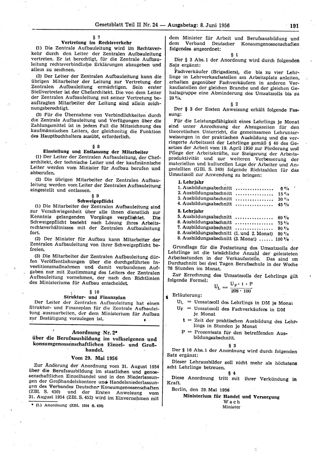 Gesetzblatt (GBl.) der Deutschen Demokratischen Republik (DDR) Teil ⅠⅠ 1956, Seite 191 (GBl. DDR ⅠⅠ 1956, S. 191)
