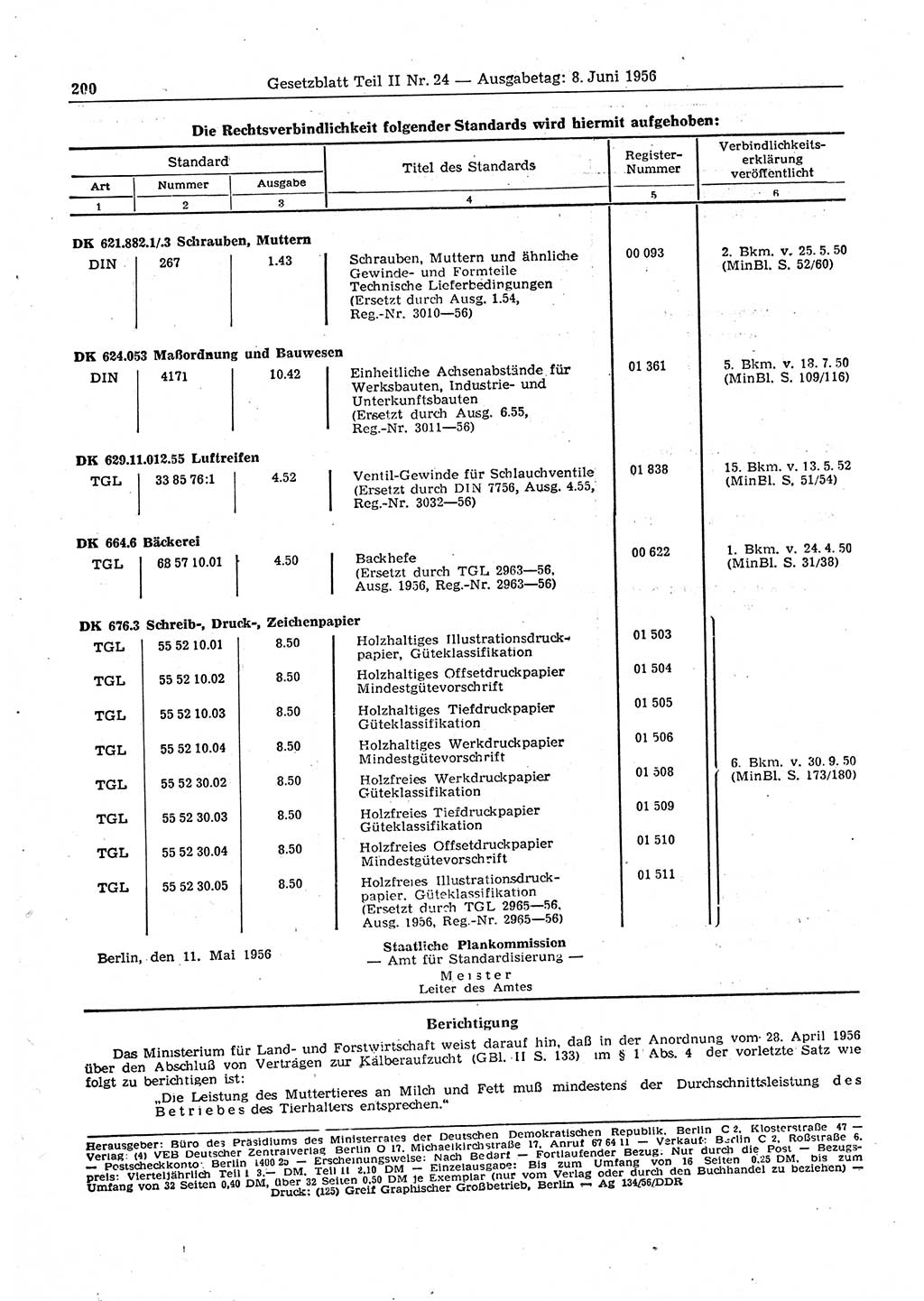 Gesetzblatt (GBl.) der Deutschen Demokratischen Republik (DDR) Teil ⅠⅠ 1956, Seite 200 (GBl. DDR ⅠⅠ 1956, S. 200)