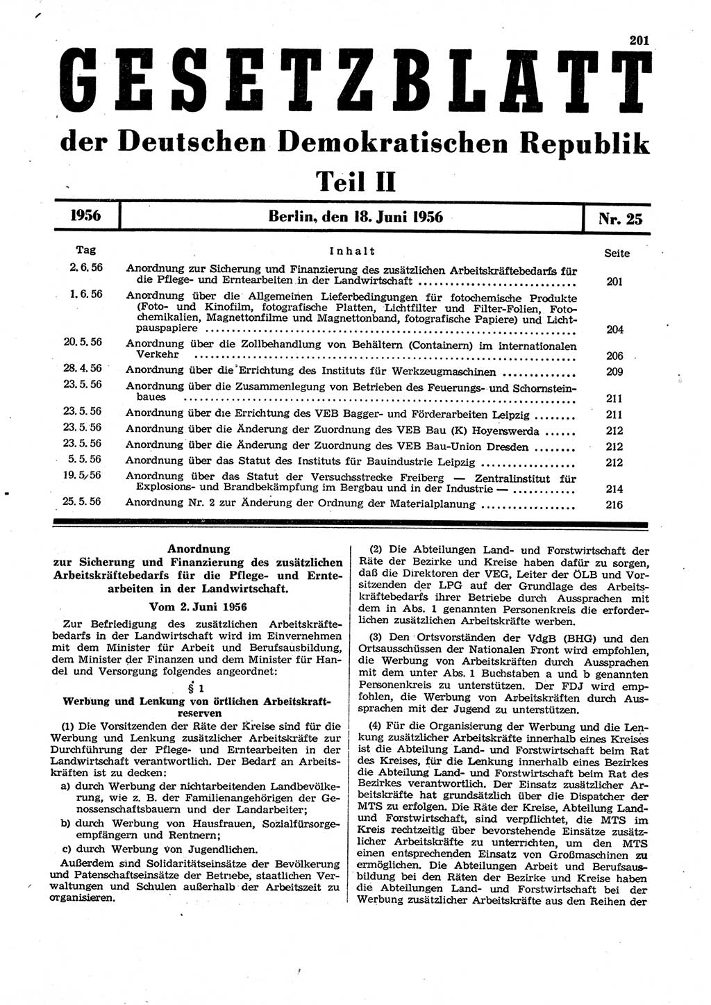 Gesetzblatt (GBl.) der Deutschen Demokratischen Republik (DDR) Teil ⅠⅠ 1956, Seite 201 (GBl. DDR ⅠⅠ 1956, S. 201)