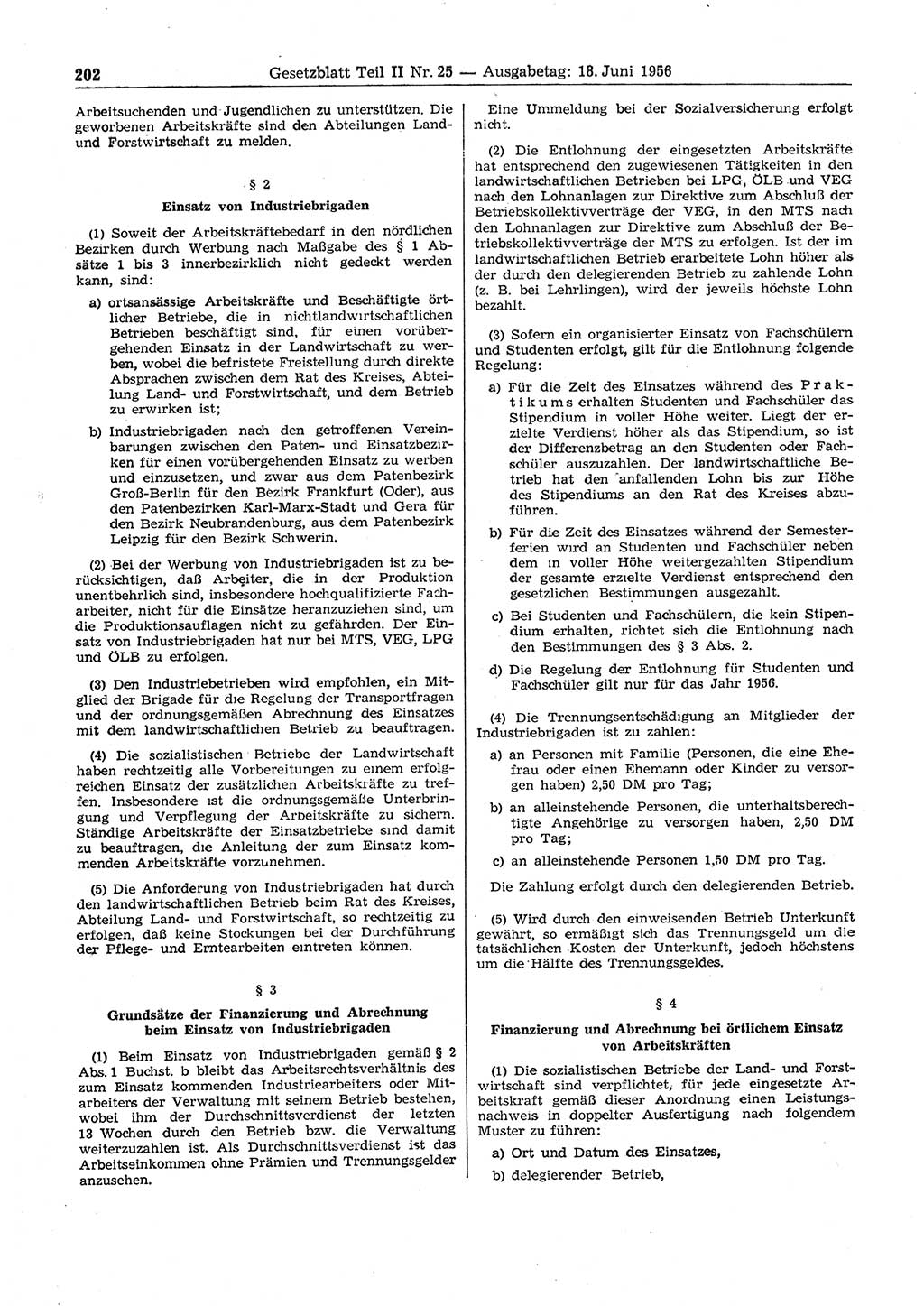Gesetzblatt (GBl.) der Deutschen Demokratischen Republik (DDR) Teil ⅠⅠ 1956, Seite 202 (GBl. DDR ⅠⅠ 1956, S. 202)