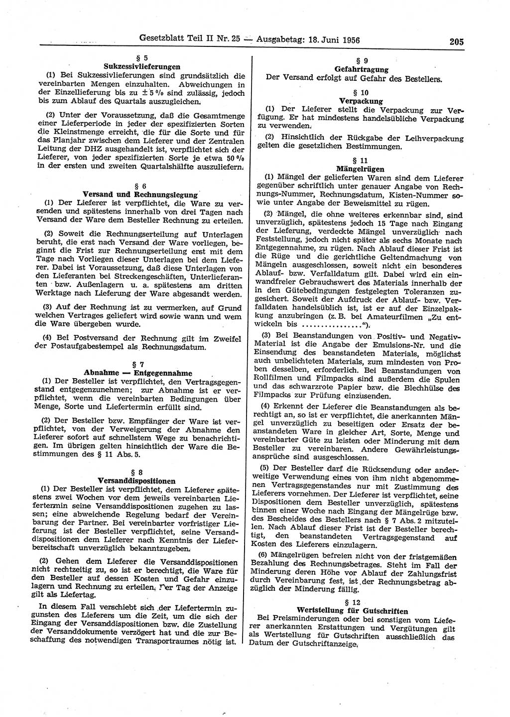 Gesetzblatt (GBl.) der Deutschen Demokratischen Republik (DDR) Teil ⅠⅠ 1956, Seite 205 (GBl. DDR ⅠⅠ 1956, S. 205)