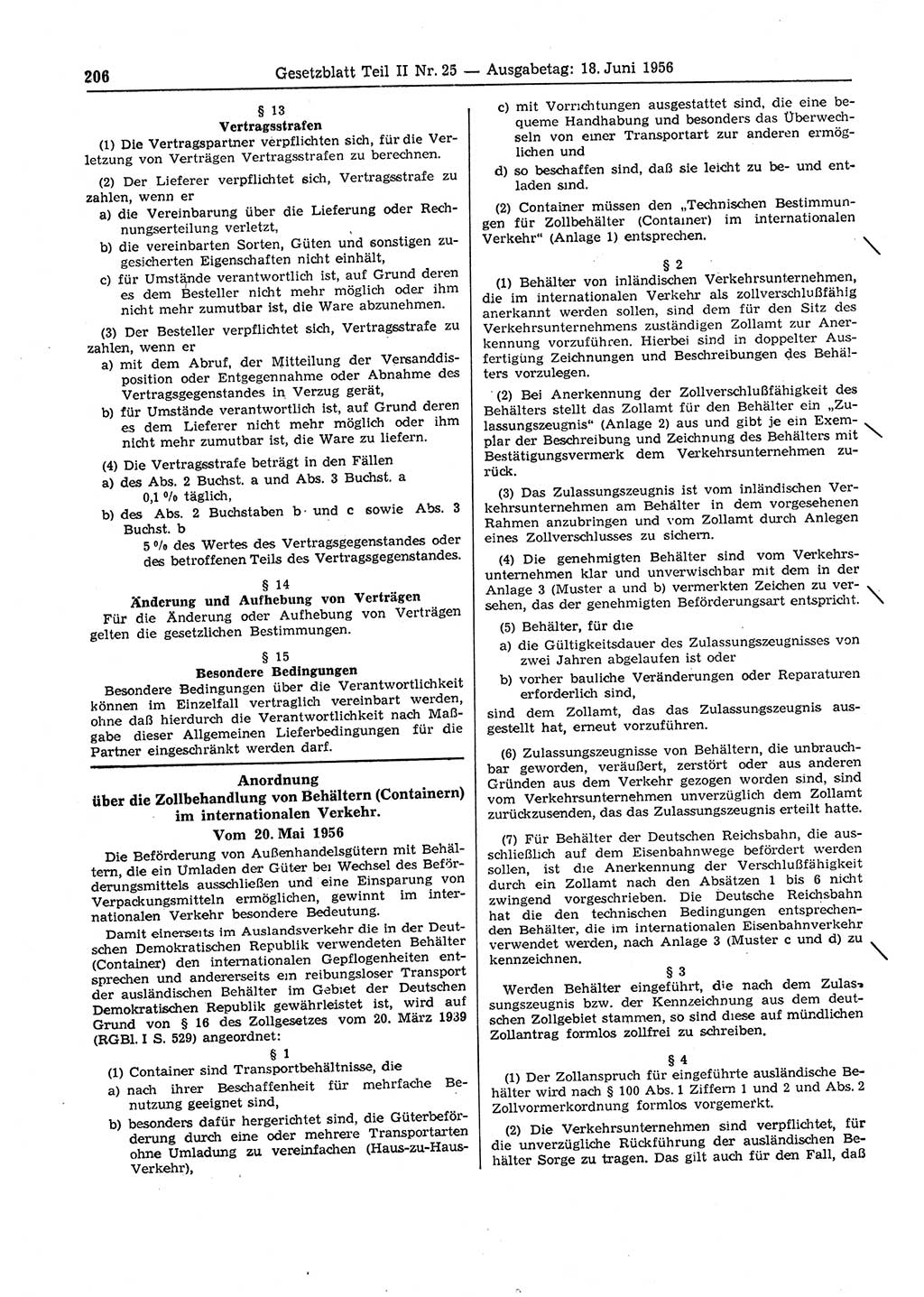 Gesetzblatt (GBl.) der Deutschen Demokratischen Republik (DDR) Teil ⅠⅠ 1956, Seite 206 (GBl. DDR ⅠⅠ 1956, S. 206)