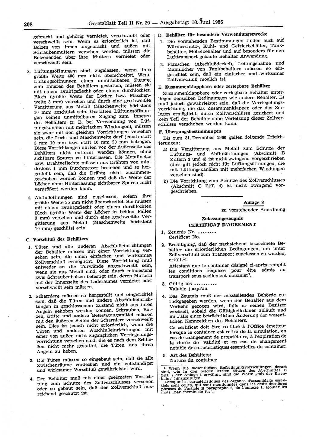 Gesetzblatt (GBl.) der Deutschen Demokratischen Republik (DDR) Teil ⅠⅠ 1956, Seite 208 (GBl. DDR ⅠⅠ 1956, S. 208)