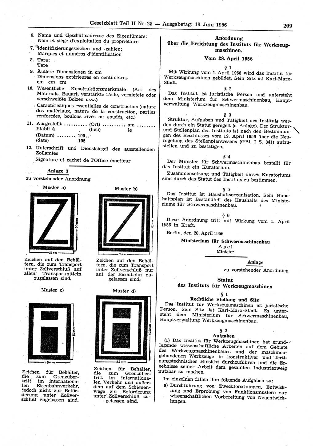 Gesetzblatt (GBl.) der Deutschen Demokratischen Republik (DDR) Teil ⅠⅠ 1956, Seite 209 (GBl. DDR ⅠⅠ 1956, S. 209)