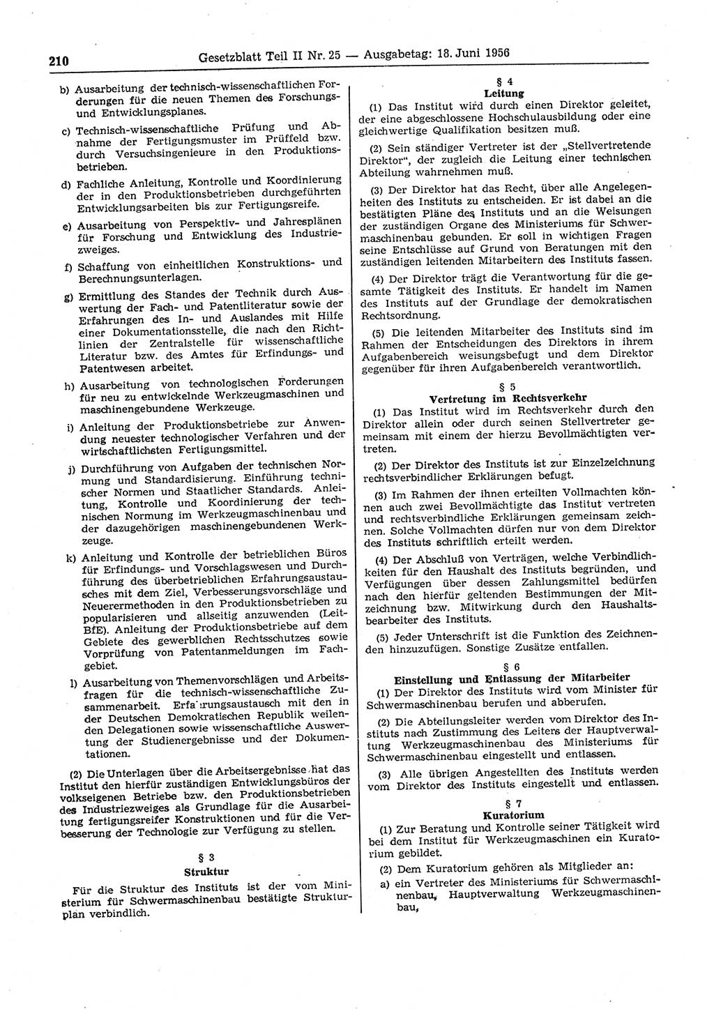 Gesetzblatt (GBl.) der Deutschen Demokratischen Republik (DDR) Teil ⅠⅠ 1956, Seite 210 (GBl. DDR ⅠⅠ 1956, S. 210)