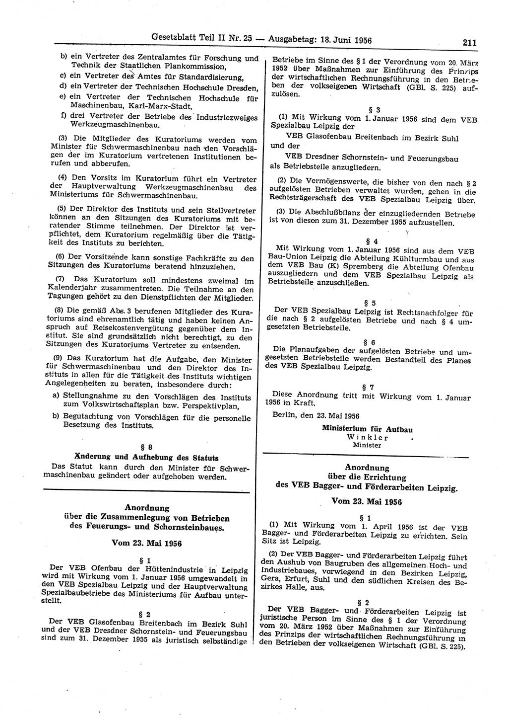 Gesetzblatt (GBl.) der Deutschen Demokratischen Republik (DDR) Teil ⅠⅠ 1956, Seite 211 (GBl. DDR ⅠⅠ 1956, S. 211)