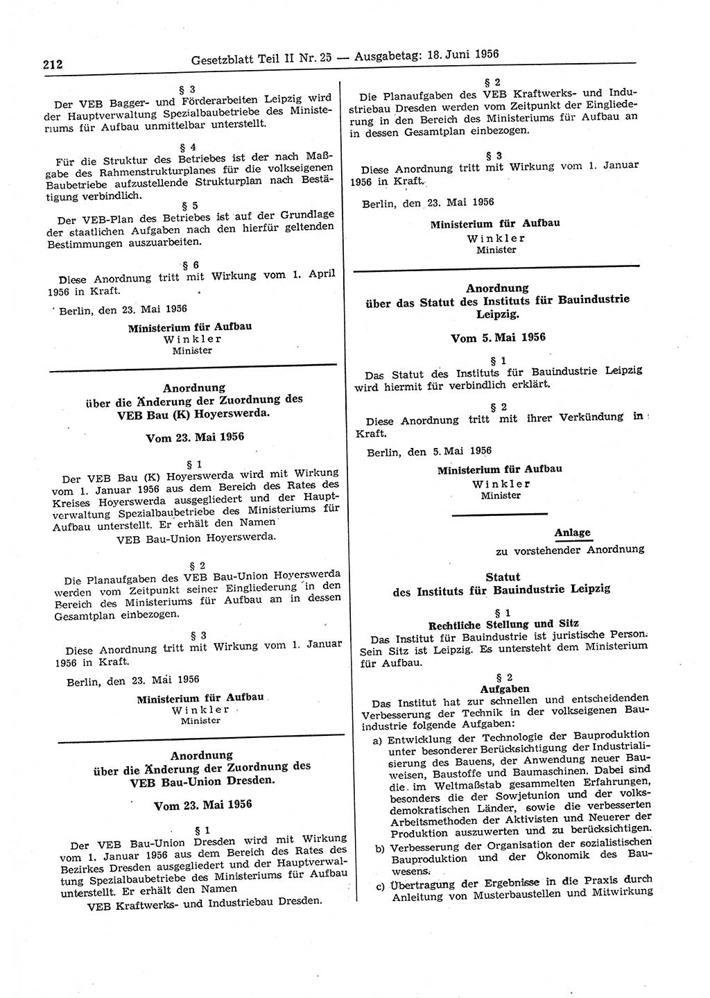 Gesetzblatt (GBl.) der Deutschen Demokratischen Republik (DDR) Teil ⅠⅠ 1956, Seite 212 (GBl. DDR ⅠⅠ 1956, S. 212)
