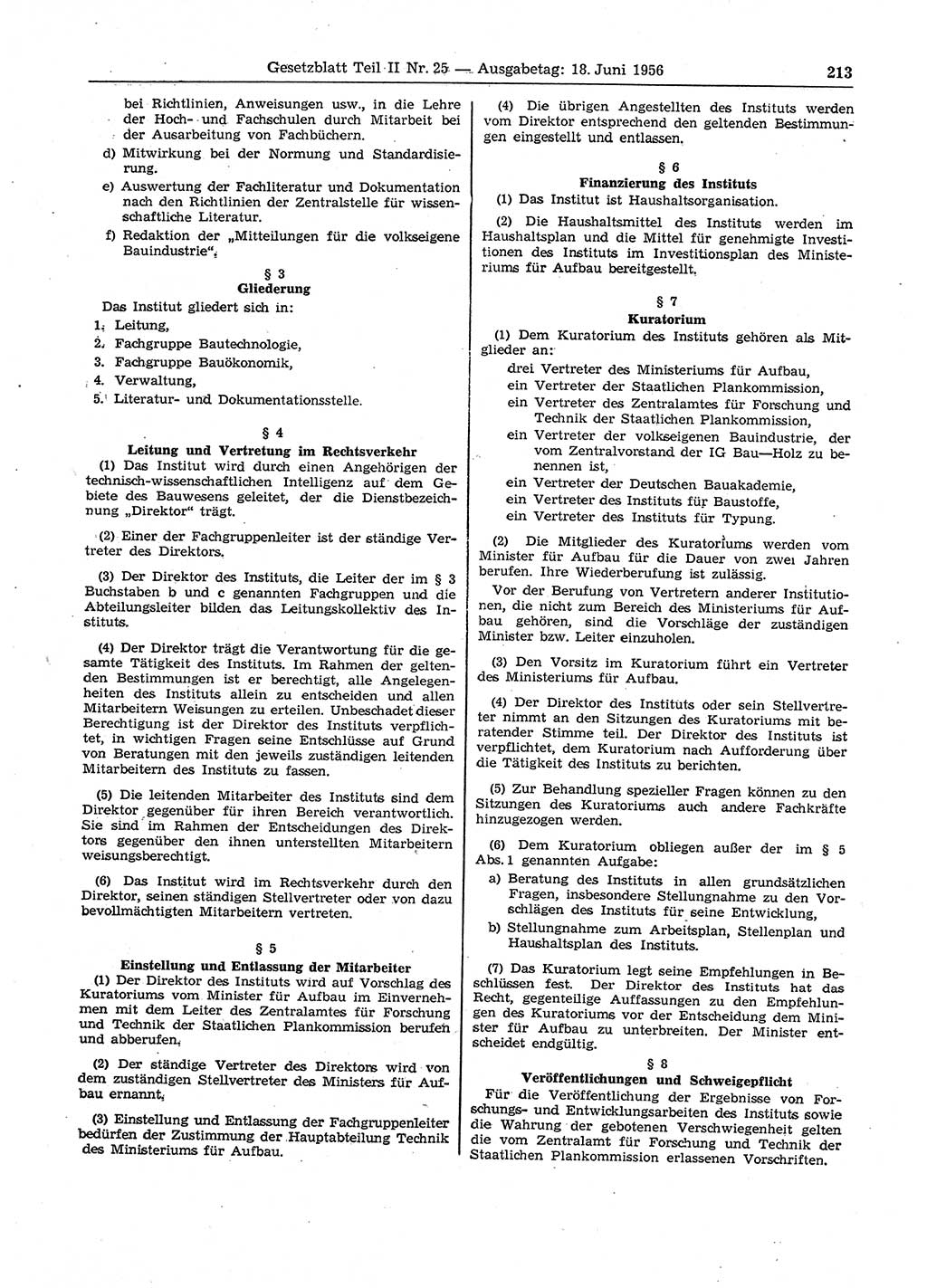 Gesetzblatt (GBl.) der Deutschen Demokratischen Republik (DDR) Teil ⅠⅠ 1956, Seite 213 (GBl. DDR ⅠⅠ 1956, S. 213)