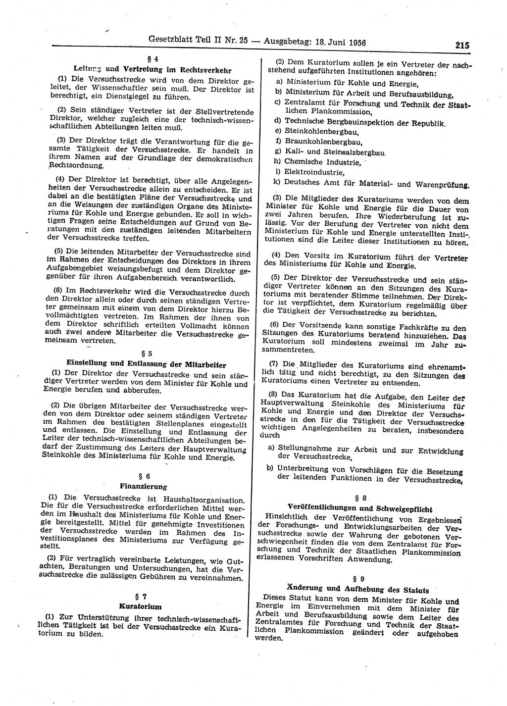 Gesetzblatt (GBl.) der Deutschen Demokratischen Republik (DDR) Teil ⅠⅠ 1956, Seite 215 (GBl. DDR ⅠⅠ 1956, S. 215)
