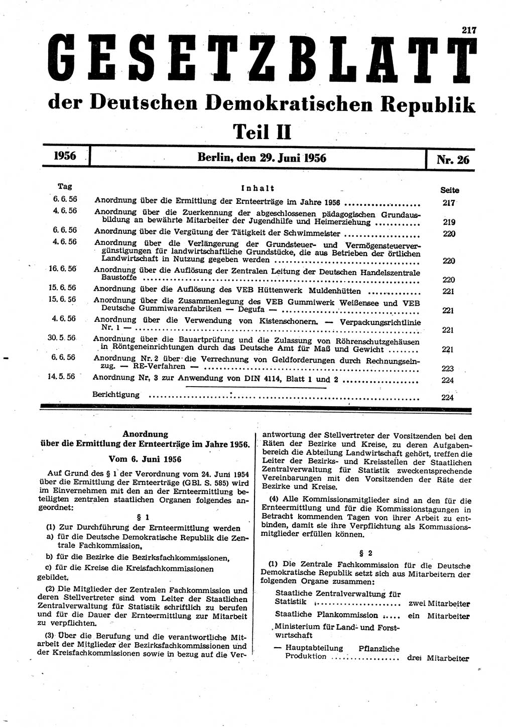 Gesetzblatt (GBl.) der Deutschen Demokratischen Republik (DDR) Teil ⅠⅠ 1956, Seite 217 (GBl. DDR ⅠⅠ 1956, S. 217)