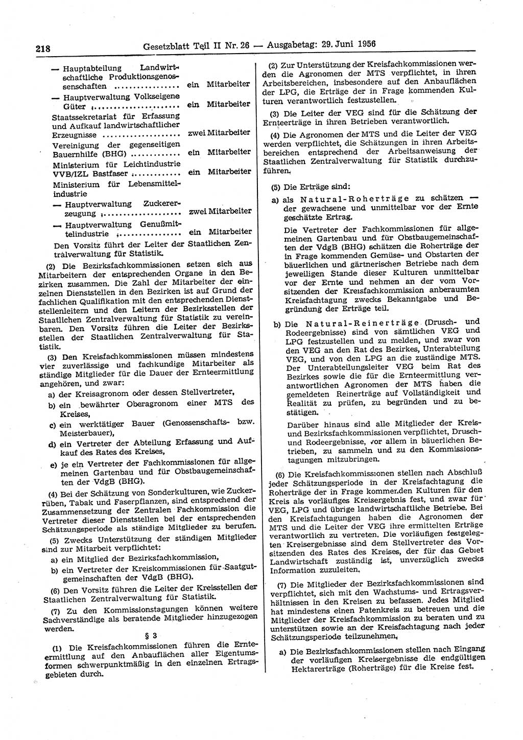 Gesetzblatt (GBl.) der Deutschen Demokratischen Republik (DDR) Teil ⅠⅠ 1956, Seite 218 (GBl. DDR ⅠⅠ 1956, S. 218)