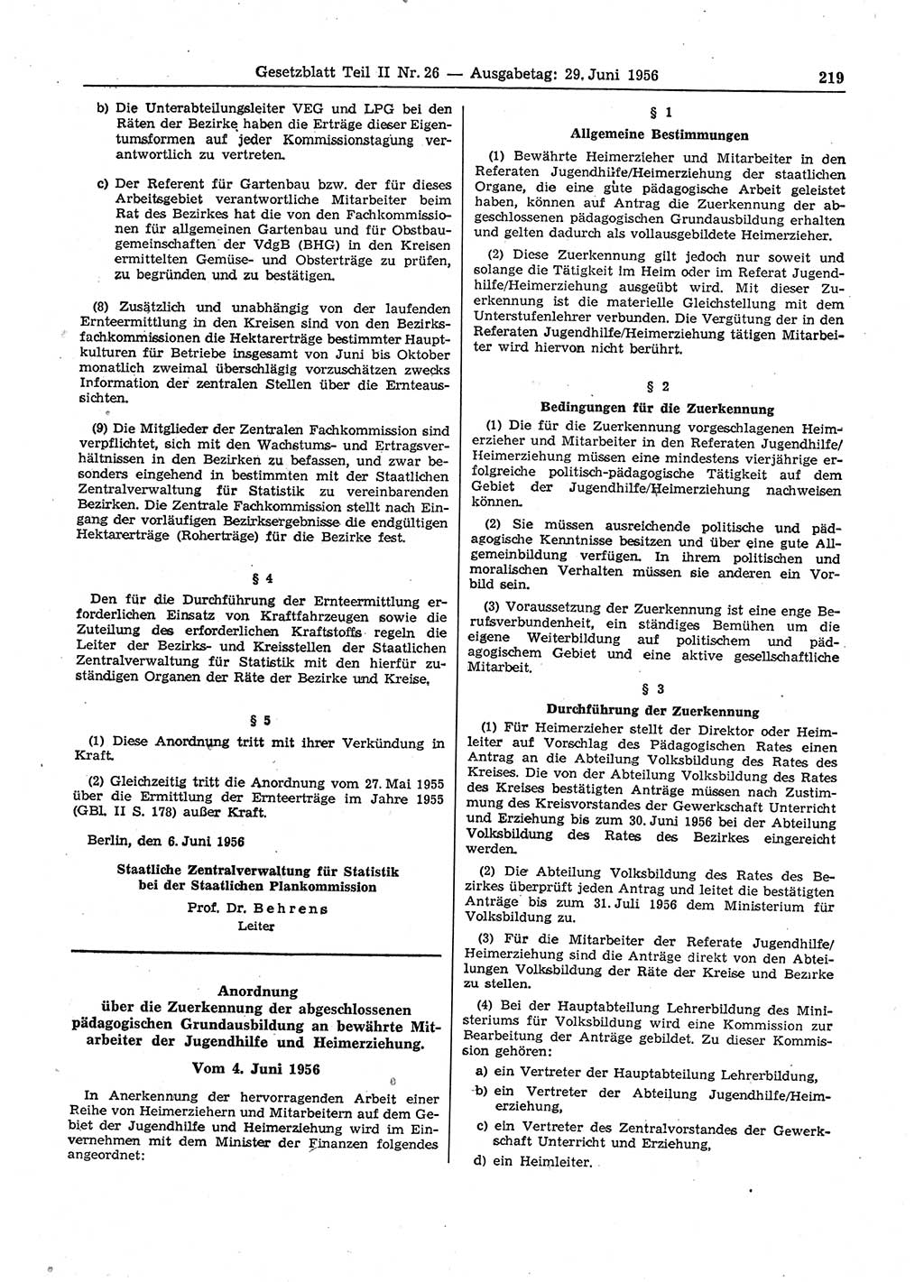 Gesetzblatt (GBl.) der Deutschen Demokratischen Republik (DDR) Teil ⅠⅠ 1956, Seite 219 (GBl. DDR ⅠⅠ 1956, S. 219)