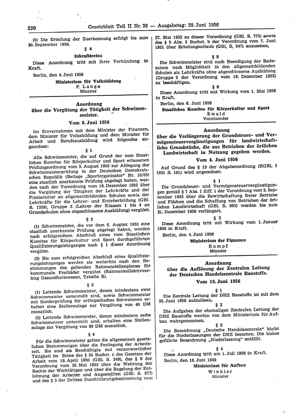 Gesetzblatt (GBl.) der Deutschen Demokratischen Republik (DDR) Teil ⅠⅠ 1956, Seite 220 (GBl. DDR ⅠⅠ 1956, S. 220)