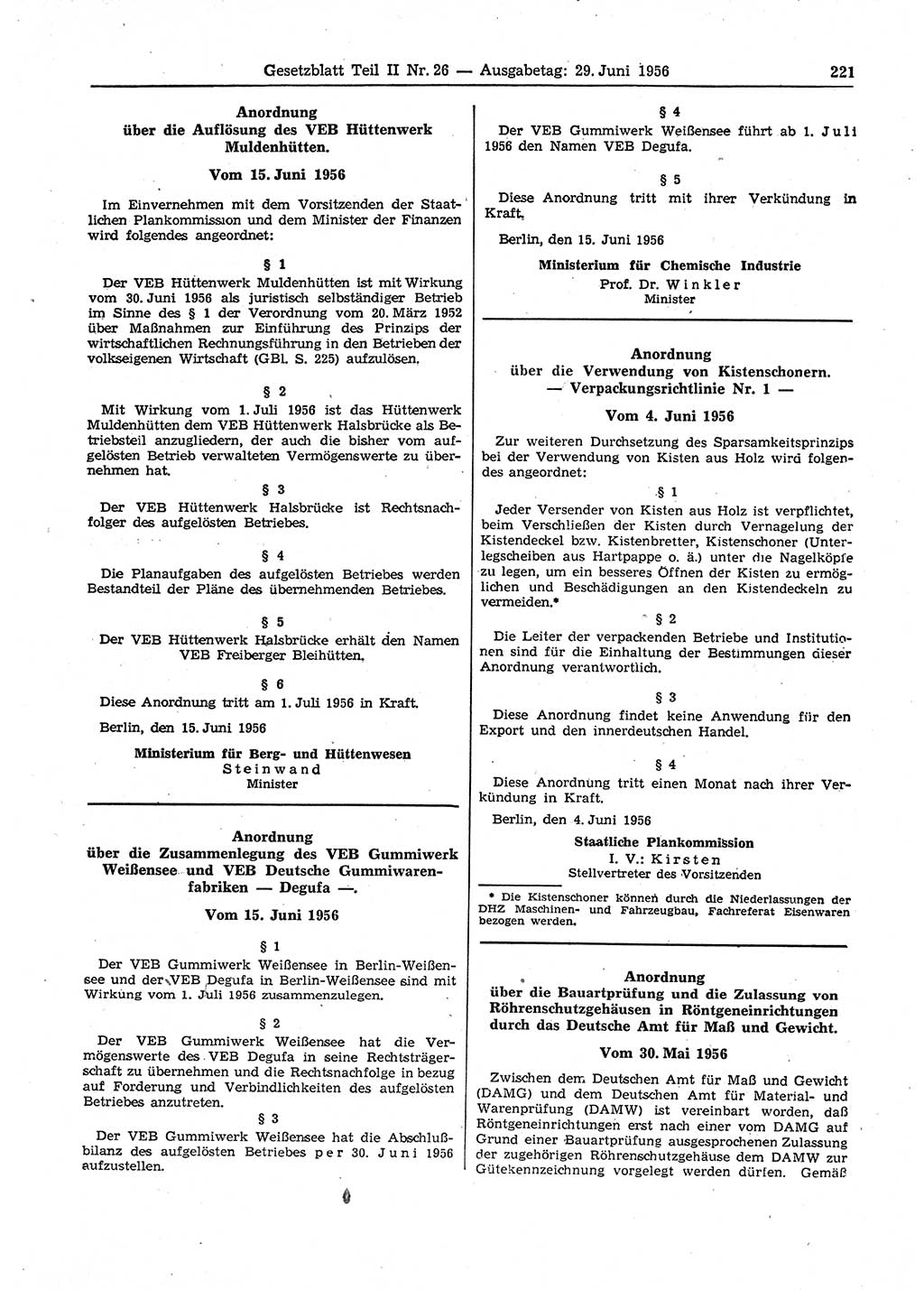 Gesetzblatt (GBl.) der Deutschen Demokratischen Republik (DDR) Teil ⅠⅠ 1956, Seite 221 (GBl. DDR ⅠⅠ 1956, S. 221)