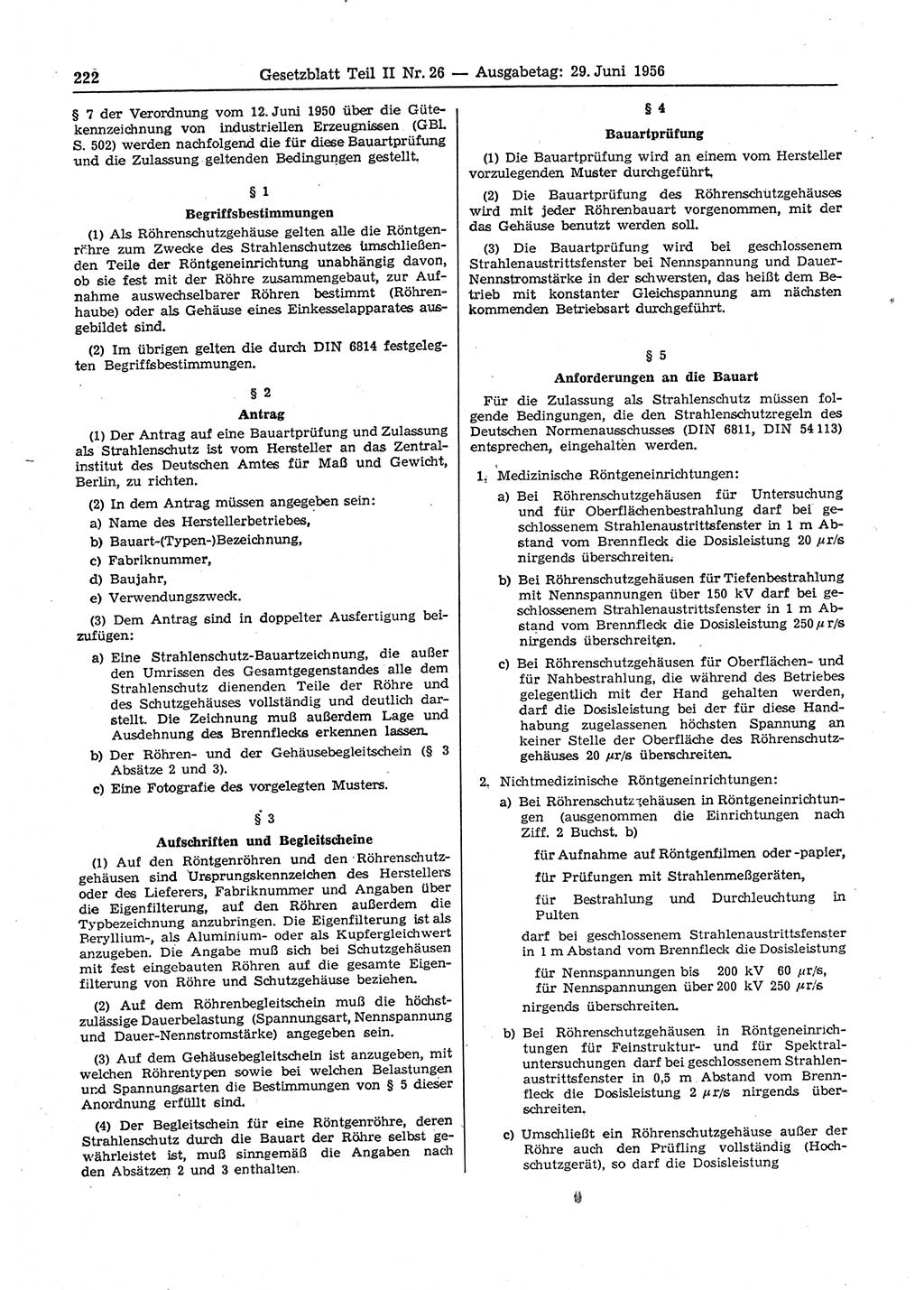 Gesetzblatt (GBl.) der Deutschen Demokratischen Republik (DDR) Teil ⅠⅠ 1956, Seite 222 (GBl. DDR ⅠⅠ 1956, S. 222)