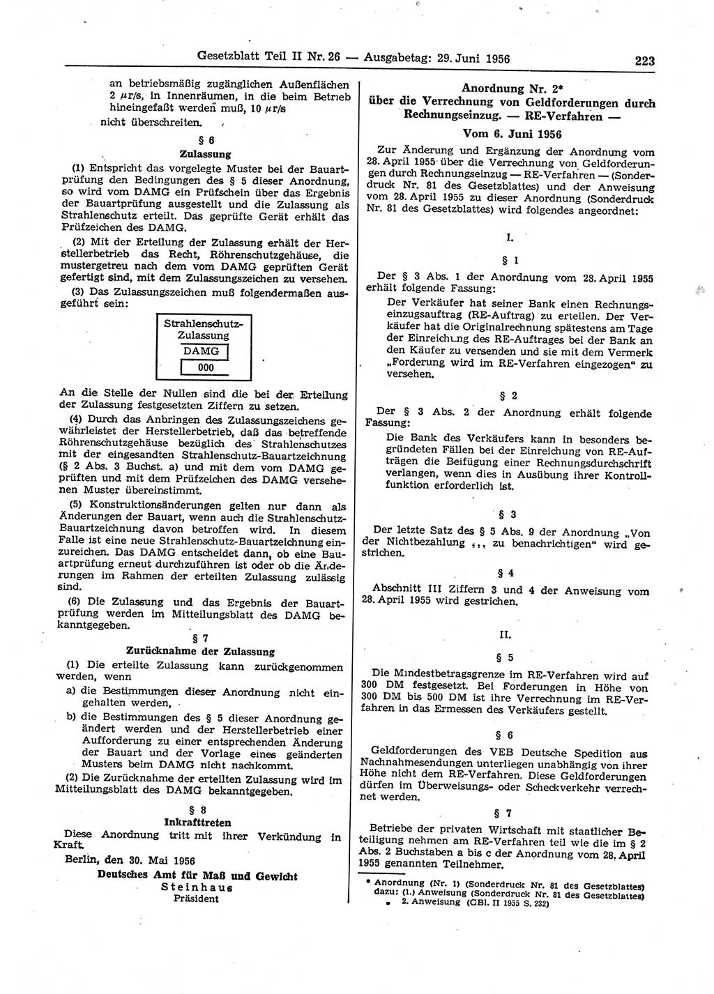 Gesetzblatt (GBl.) der Deutschen Demokratischen Republik (DDR) Teil ⅠⅠ 1956, Seite 223 (GBl. DDR ⅠⅠ 1956, S. 223)