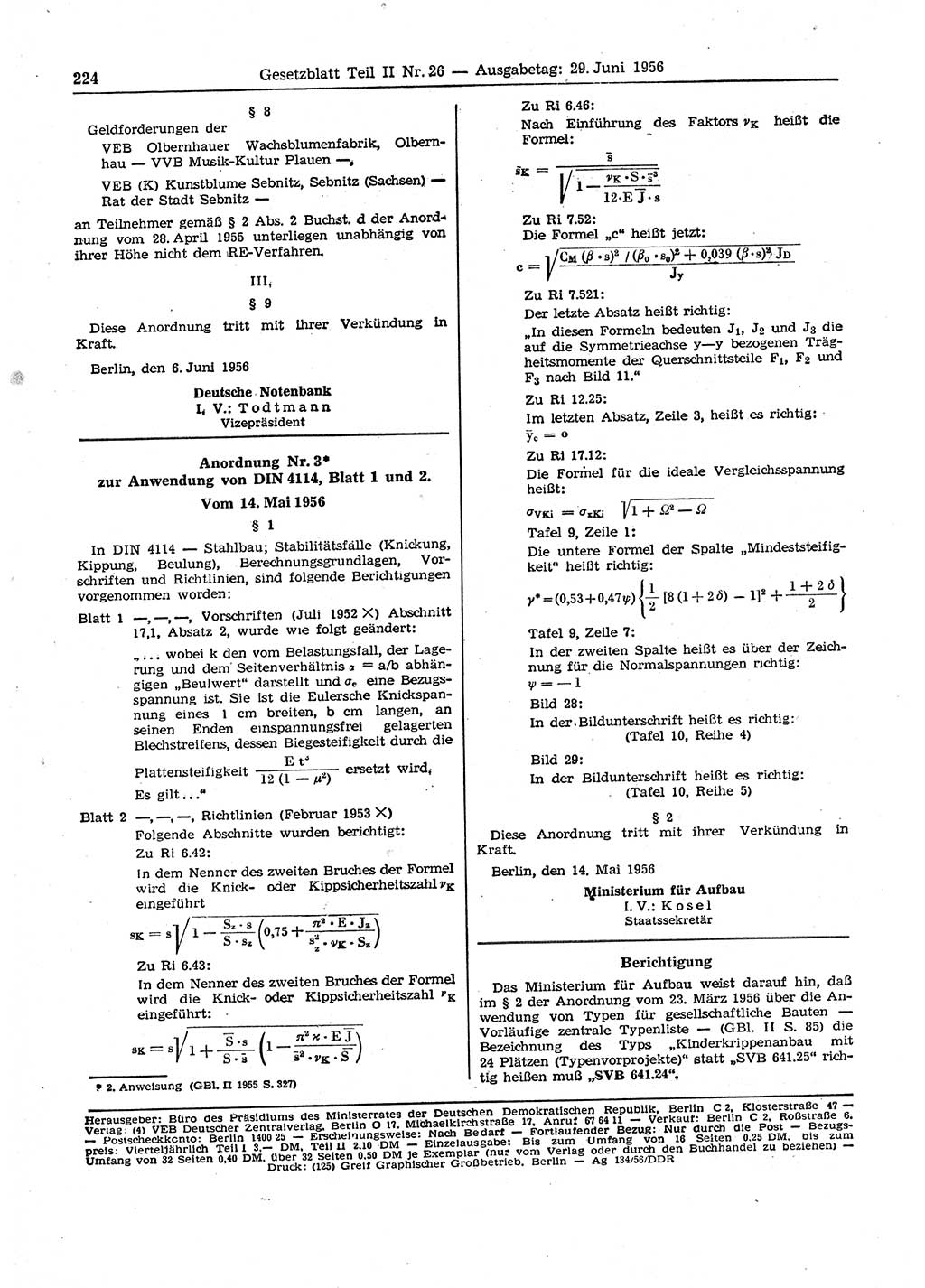 Gesetzblatt (GBl.) der Deutschen Demokratischen Republik (DDR) Teil ⅠⅠ 1956, Seite 224 (GBl. DDR ⅠⅠ 1956, S. 224)