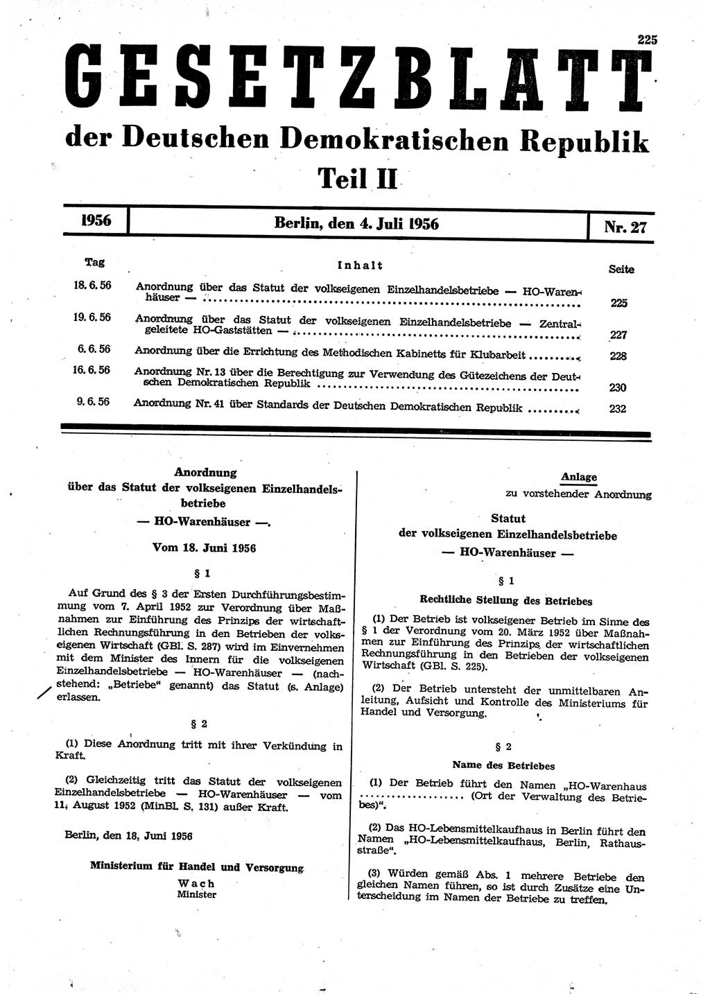 Gesetzblatt (GBl.) der Deutschen Demokratischen Republik (DDR) Teil ⅠⅠ 1956, Seite 225 (GBl. DDR ⅠⅠ 1956, S. 225)