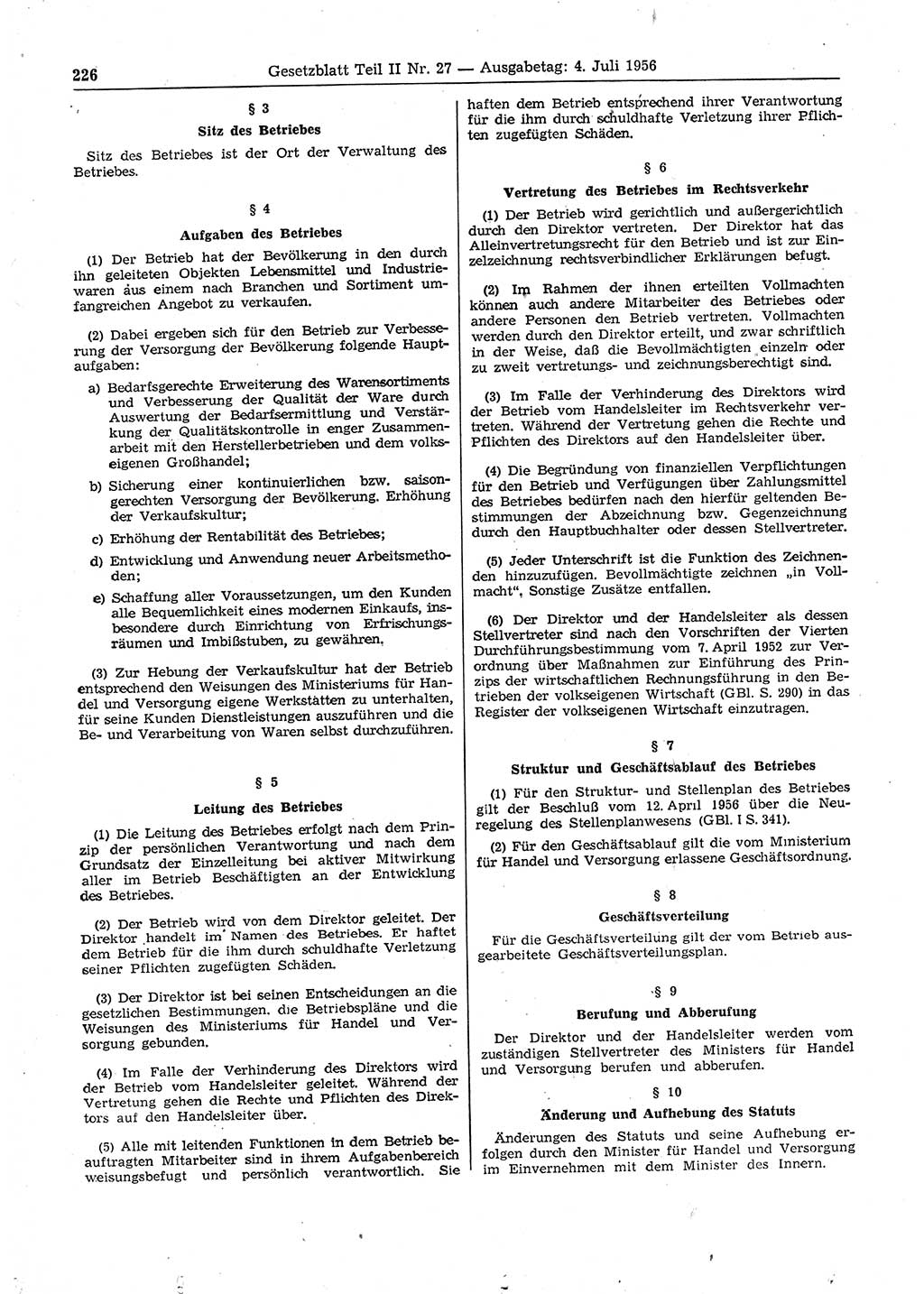 Gesetzblatt (GBl.) der Deutschen Demokratischen Republik (DDR) Teil ⅠⅠ 1956, Seite 226 (GBl. DDR ⅠⅠ 1956, S. 226)