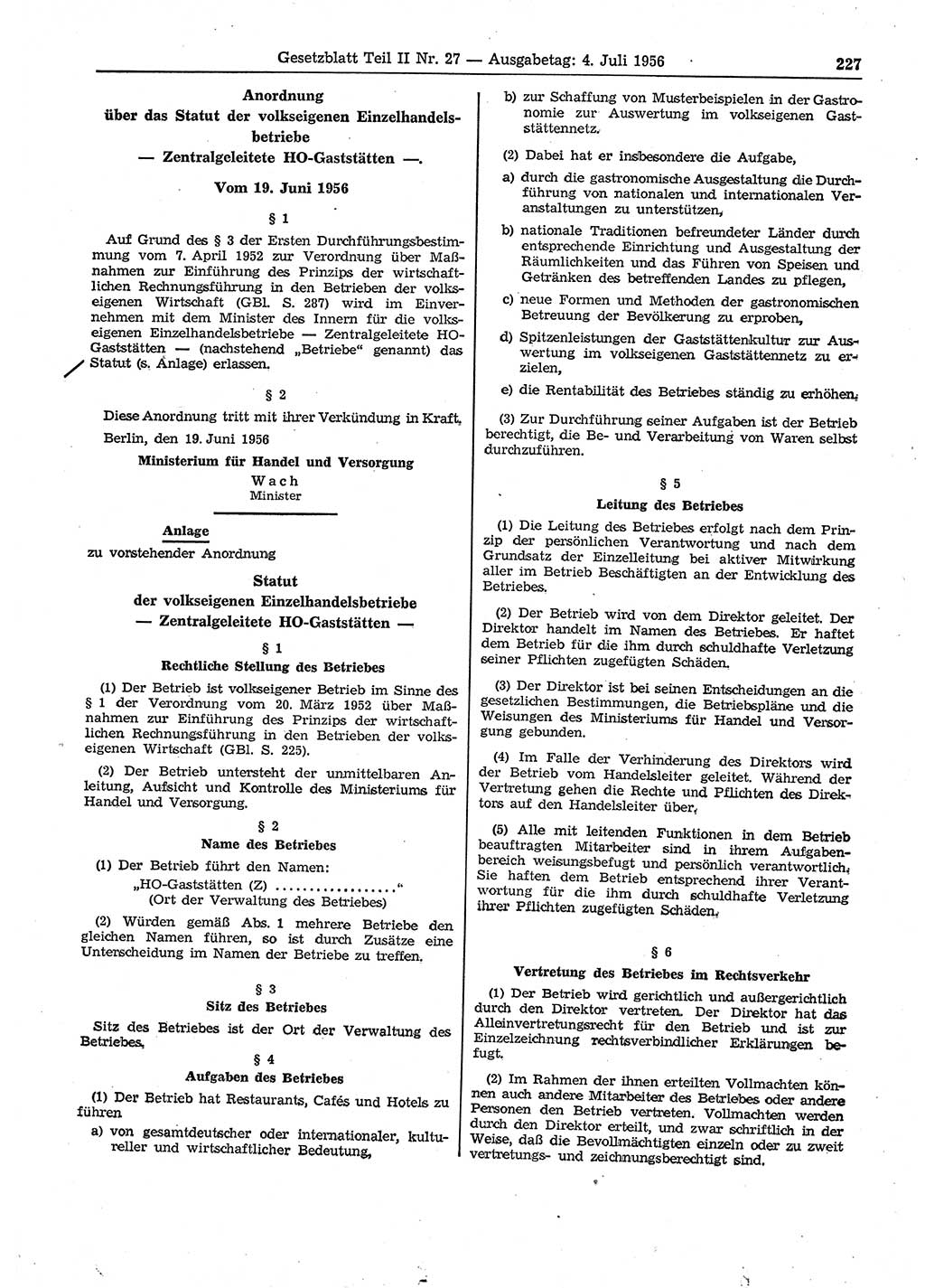 Gesetzblatt (GBl.) der Deutschen Demokratischen Republik (DDR) Teil ⅠⅠ 1956, Seite 227 (GBl. DDR ⅠⅠ 1956, S. 227)