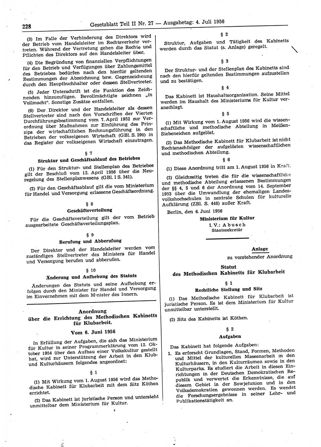 Gesetzblatt (GBl.) der Deutschen Demokratischen Republik (DDR) Teil ⅠⅠ 1956, Seite 228 (GBl. DDR ⅠⅠ 1956, S. 228)