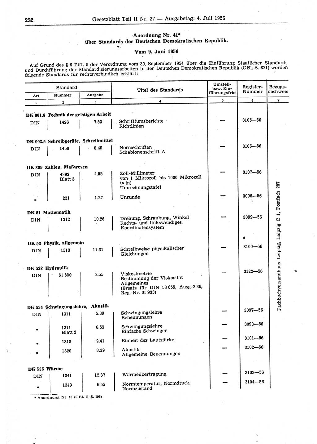 Gesetzblatt (GBl.) der Deutschen Demokratischen Republik (DDR) Teil ⅠⅠ 1956, Seite 232 (GBl. DDR ⅠⅠ 1956, S. 232)