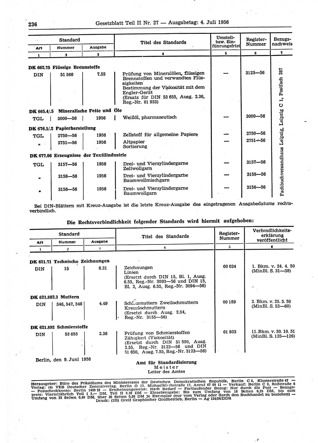 Gesetzblatt (GBl.) der Deutschen Demokratischen Republik (DDR) Teil ⅠⅠ 1956, Seite 236 (GBl. DDR ⅠⅠ 1956, S. 236)