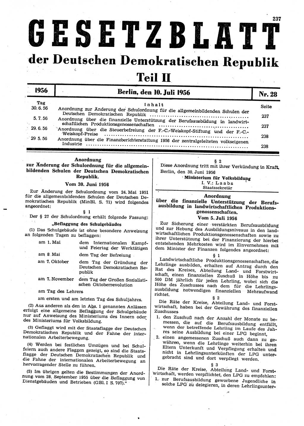 Gesetzblatt (GBl.) der Deutschen Demokratischen Republik (DDR) Teil ⅠⅠ 1956, Seite 237 (GBl. DDR ⅠⅠ 1956, S. 237)