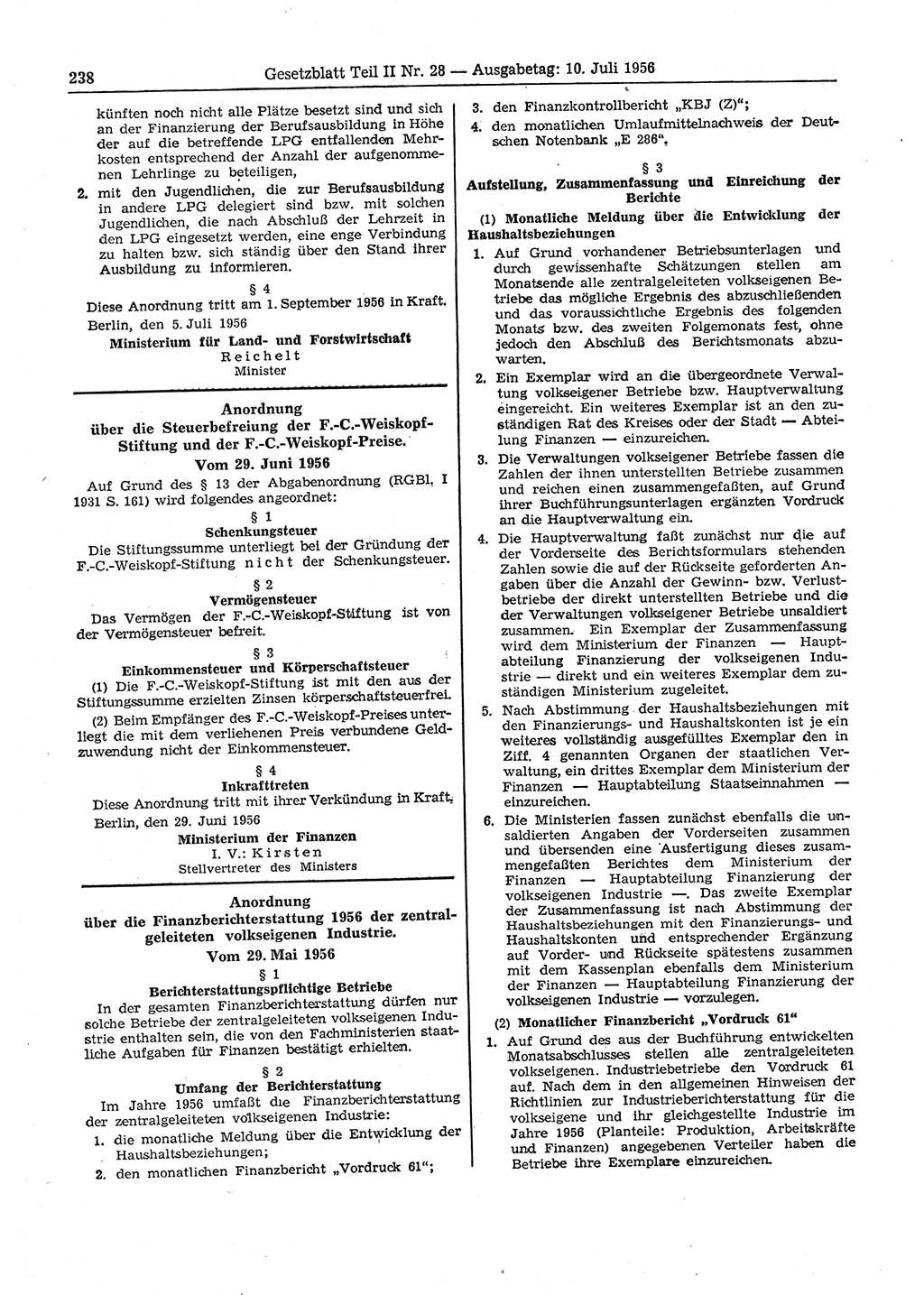 Gesetzblatt (GBl.) der Deutschen Demokratischen Republik (DDR) Teil ⅠⅠ 1956, Seite 238 (GBl. DDR ⅠⅠ 1956, S. 238)