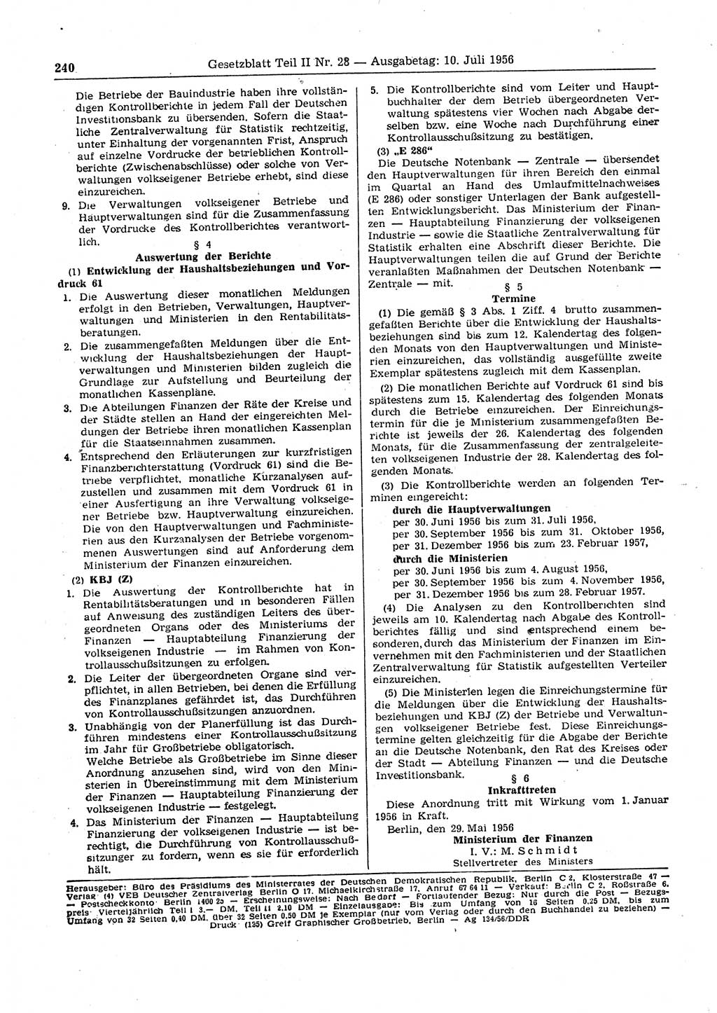 Gesetzblatt (GBl.) der Deutschen Demokratischen Republik (DDR) Teil ⅠⅠ 1956, Seite 240 (GBl. DDR ⅠⅠ 1956, S. 240)