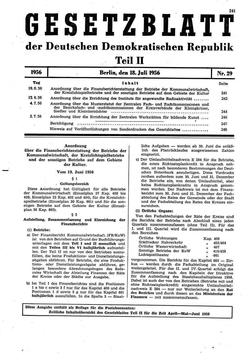 Gesetzblatt (GBl.) der Deutschen Demokratischen Republik (DDR) Teil ⅠⅠ 1956, Seite 241 (GBl. DDR ⅠⅠ 1956, S. 241)