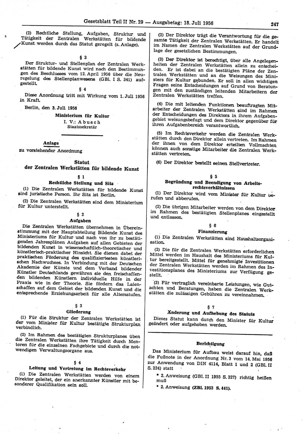 Gesetzblatt (GBl.) der Deutschen Demokratischen Republik (DDR) Teil ⅠⅠ 1956, Seite 247 (GBl. DDR ⅠⅠ 1956, S. 247)