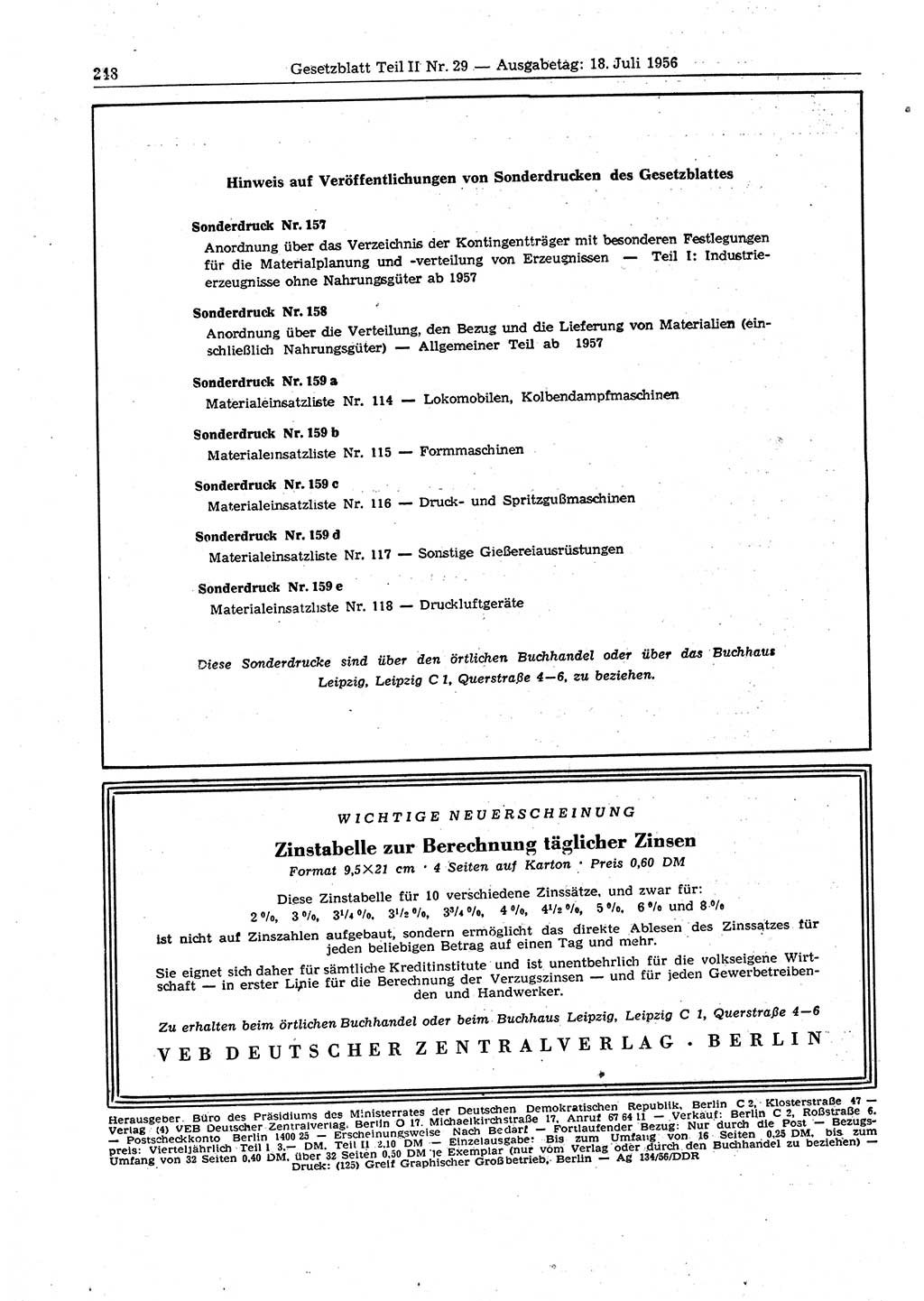 Gesetzblatt (GBl.) der Deutschen Demokratischen Republik (DDR) Teil ⅠⅠ 1956, Seite 248 (GBl. DDR ⅠⅠ 1956, S. 248)