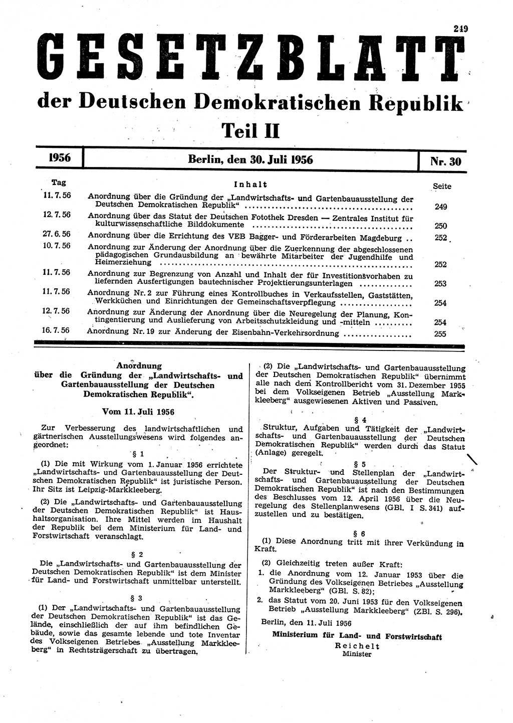 Gesetzblatt (GBl.) der Deutschen Demokratischen Republik (DDR) Teil ⅠⅠ 1956, Seite 249 (GBl. DDR ⅠⅠ 1956, S. 249)