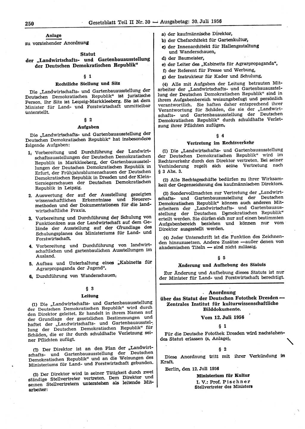 Gesetzblatt (GBl.) der Deutschen Demokratischen Republik (DDR) Teil ⅠⅠ 1956, Seite 250 (GBl. DDR ⅠⅠ 1956, S. 250)