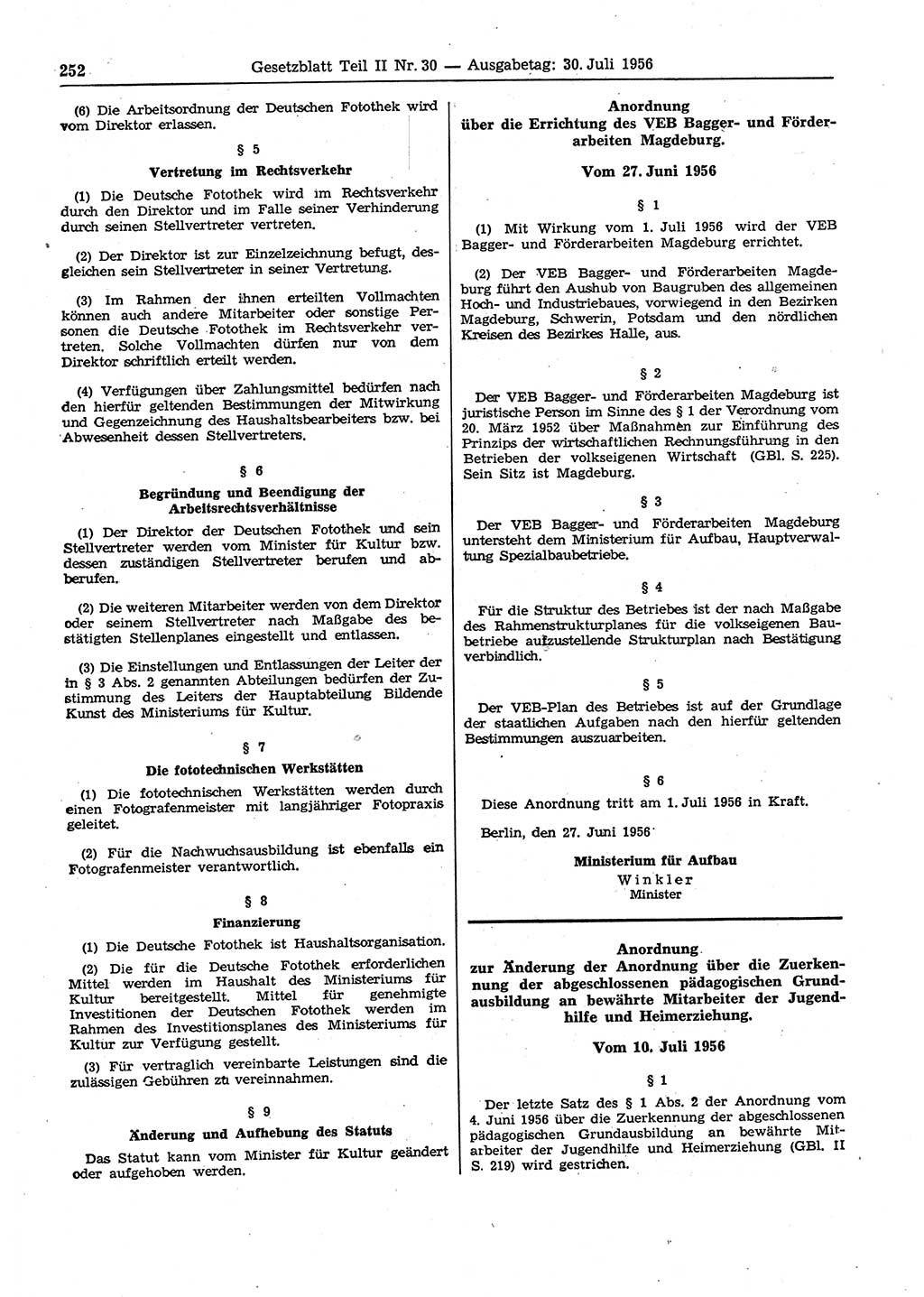 Gesetzblatt (GBl.) der Deutschen Demokratischen Republik (DDR) Teil ⅠⅠ 1956, Seite 252 (GBl. DDR ⅠⅠ 1956, S. 252)