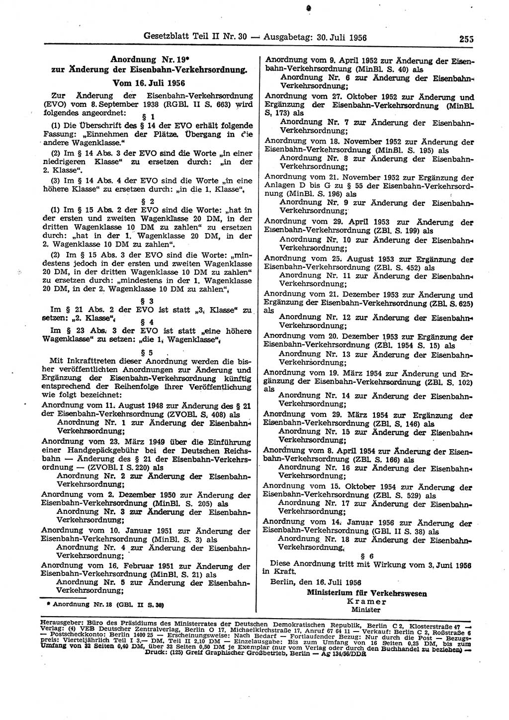 Gesetzblatt (GBl.) der Deutschen Demokratischen Republik (DDR) Teil ⅠⅠ 1956, Seite 255 (GBl. DDR ⅠⅠ 1956, S. 255)