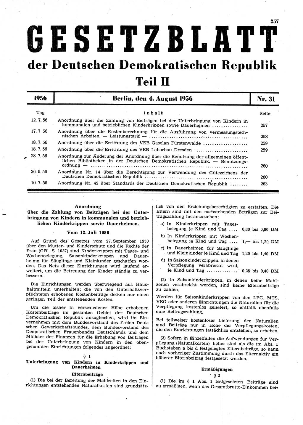 Gesetzblatt (GBl.) der Deutschen Demokratischen Republik (DDR) Teil ⅠⅠ 1956, Seite 257 (GBl. DDR ⅠⅠ 1956, S. 257)