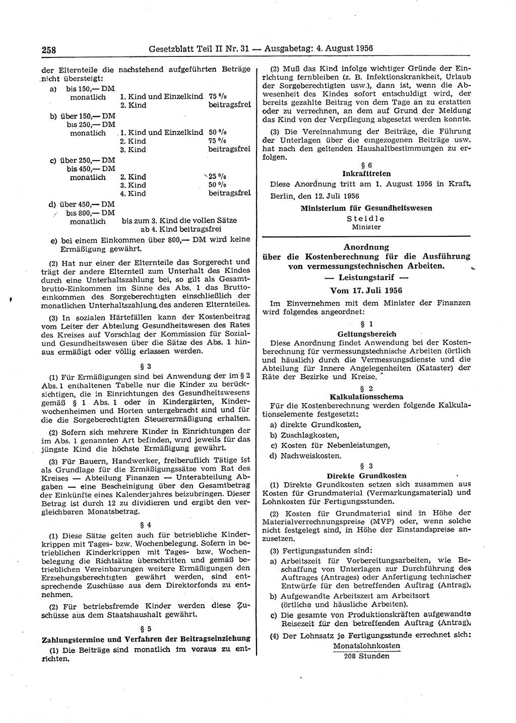 Gesetzblatt (GBl.) der Deutschen Demokratischen Republik (DDR) Teil ⅠⅠ 1956, Seite 258 (GBl. DDR ⅠⅠ 1956, S. 258)
