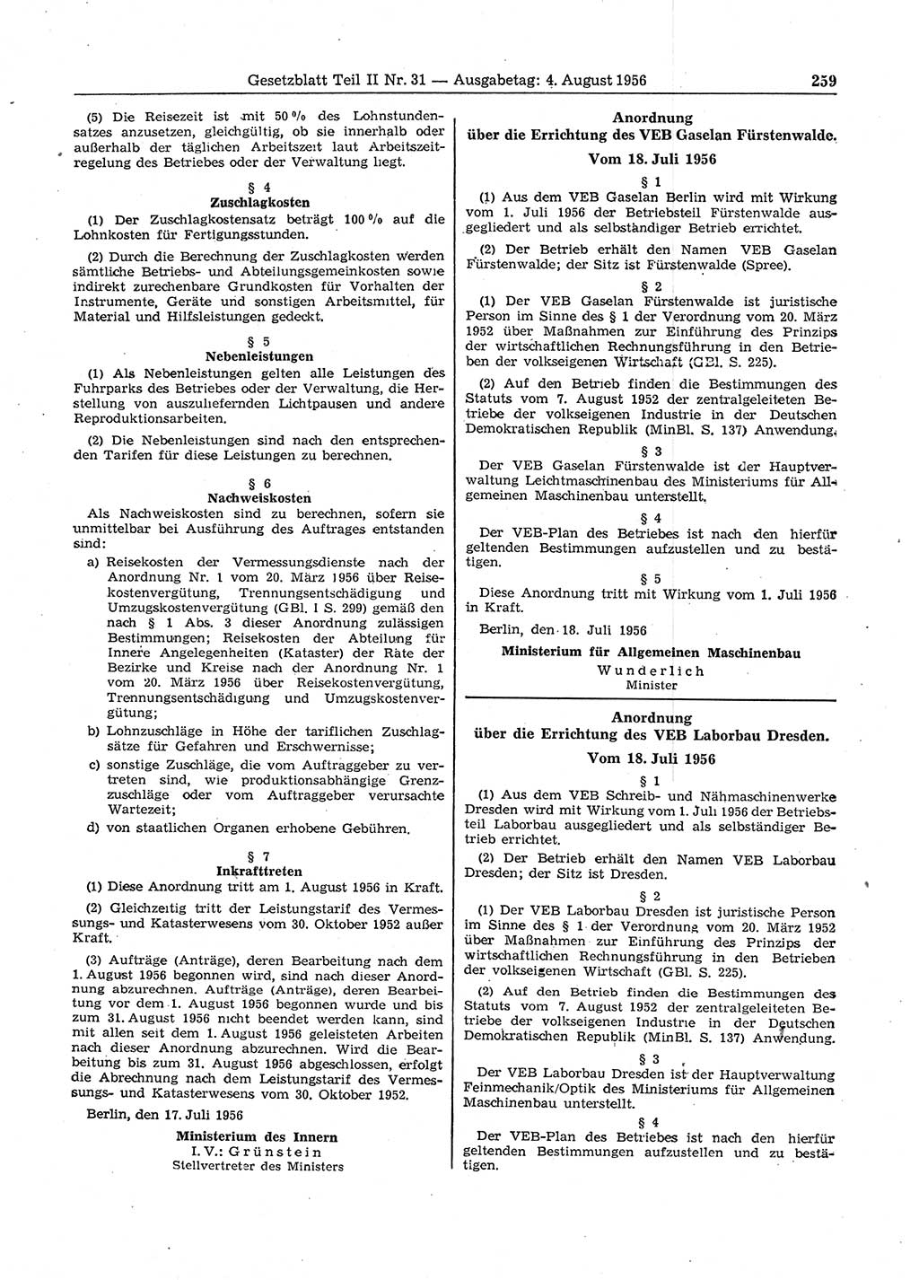 Gesetzblatt (GBl.) der Deutschen Demokratischen Republik (DDR) Teil ⅠⅠ 1956, Seite 259 (GBl. DDR ⅠⅠ 1956, S. 259)