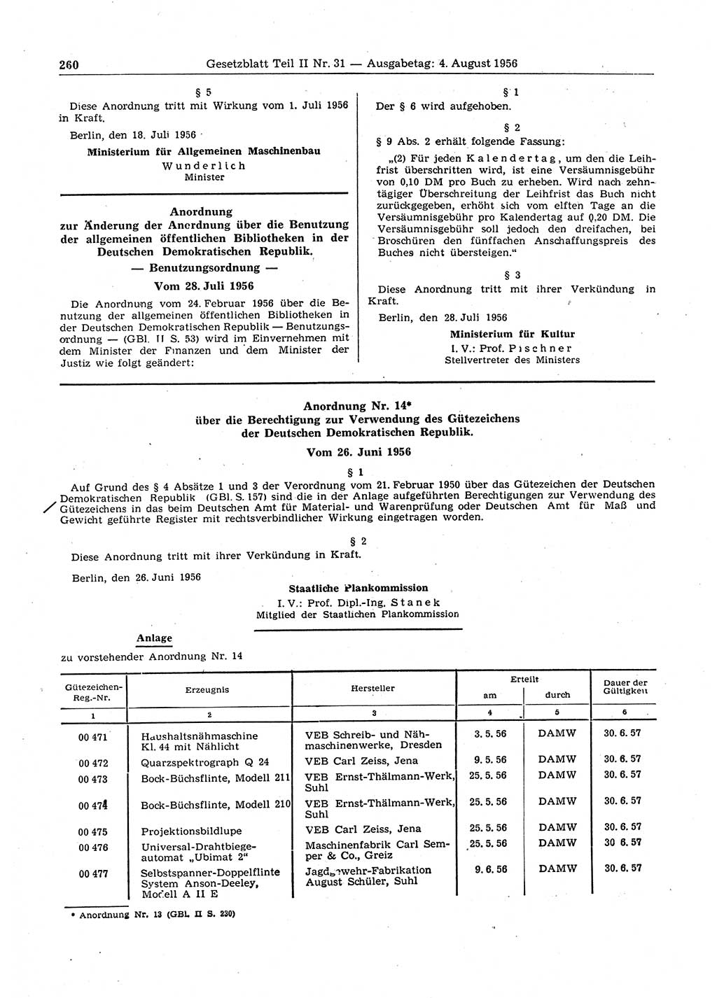 Gesetzblatt (GBl.) der Deutschen Demokratischen Republik (DDR) Teil ⅠⅠ 1956, Seite 260 (GBl. DDR ⅠⅠ 1956, S. 260)