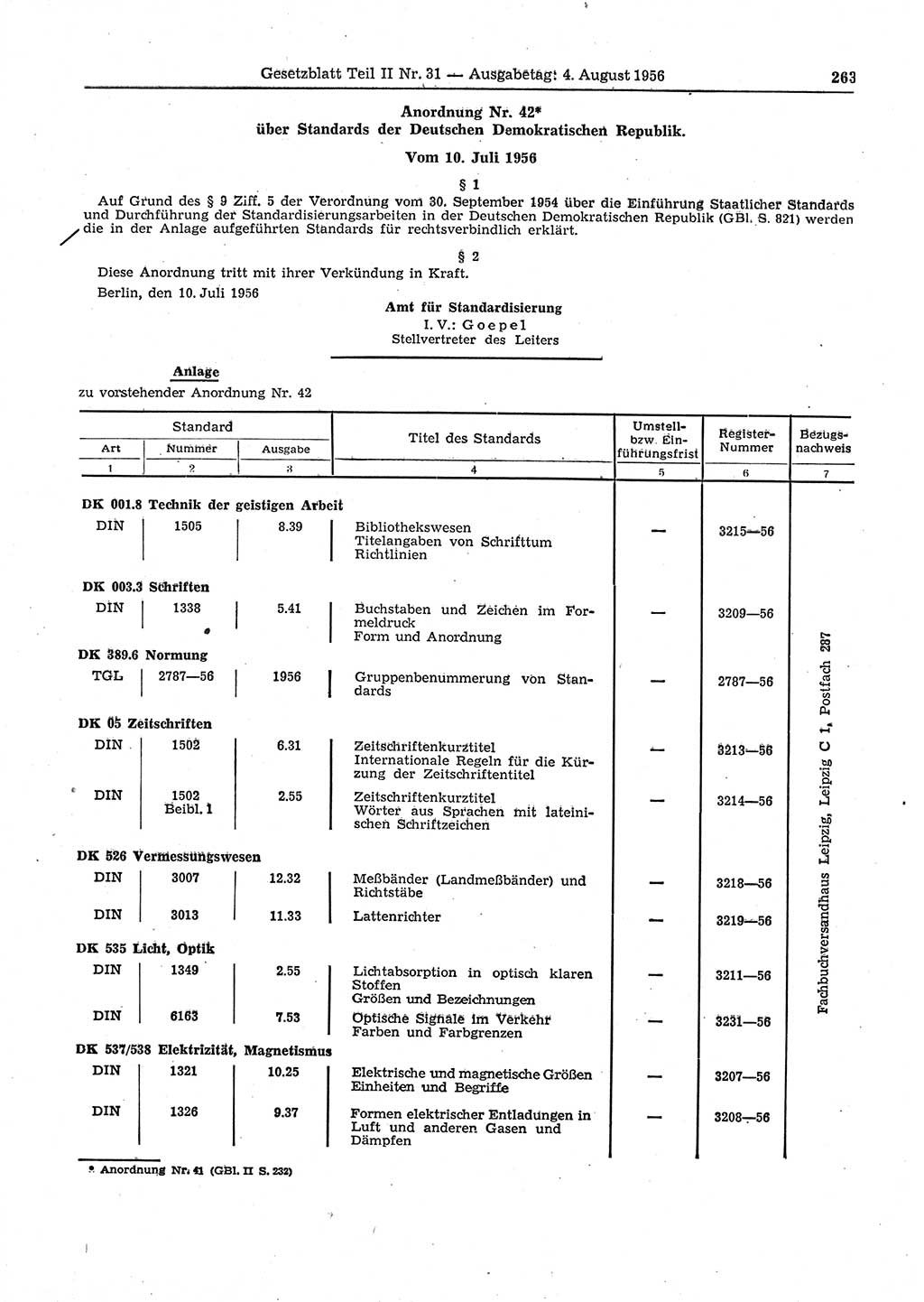 Gesetzblatt (GBl.) der Deutschen Demokratischen Republik (DDR) Teil ⅠⅠ 1956, Seite 263 (GBl. DDR ⅠⅠ 1956, S. 263)