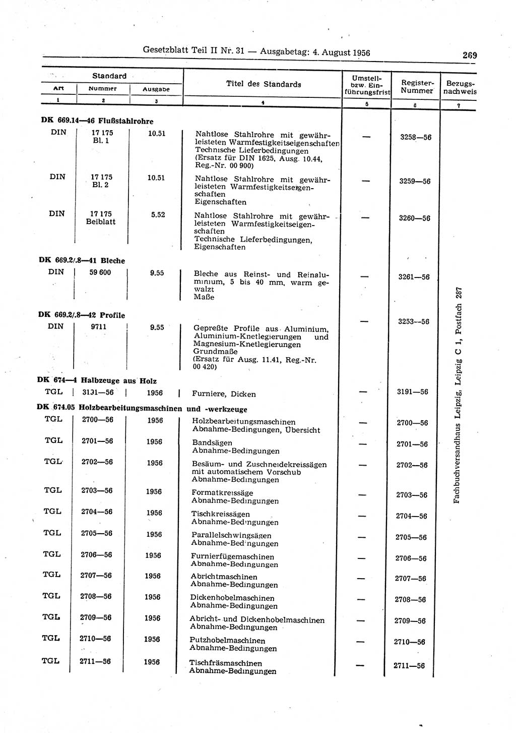 Gesetzblatt (GBl.) der Deutschen Demokratischen Republik (DDR) Teil ⅠⅠ 1956, Seite 269 (GBl. DDR ⅠⅠ 1956, S. 269)
