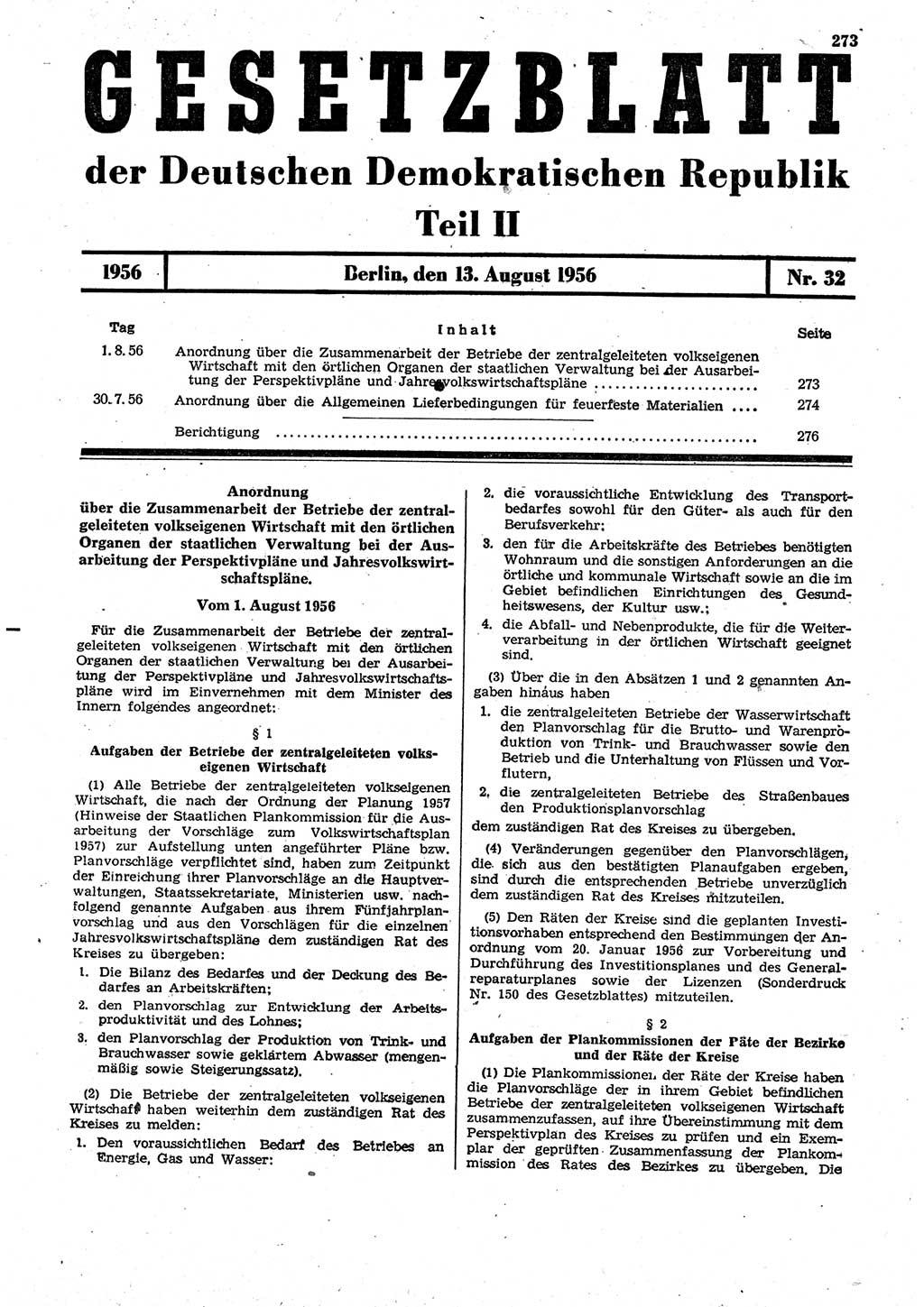 Gesetzblatt (GBl.) der Deutschen Demokratischen Republik (DDR) Teil ⅠⅠ 1956, Seite 273 (GBl. DDR ⅠⅠ 1956, S. 273)