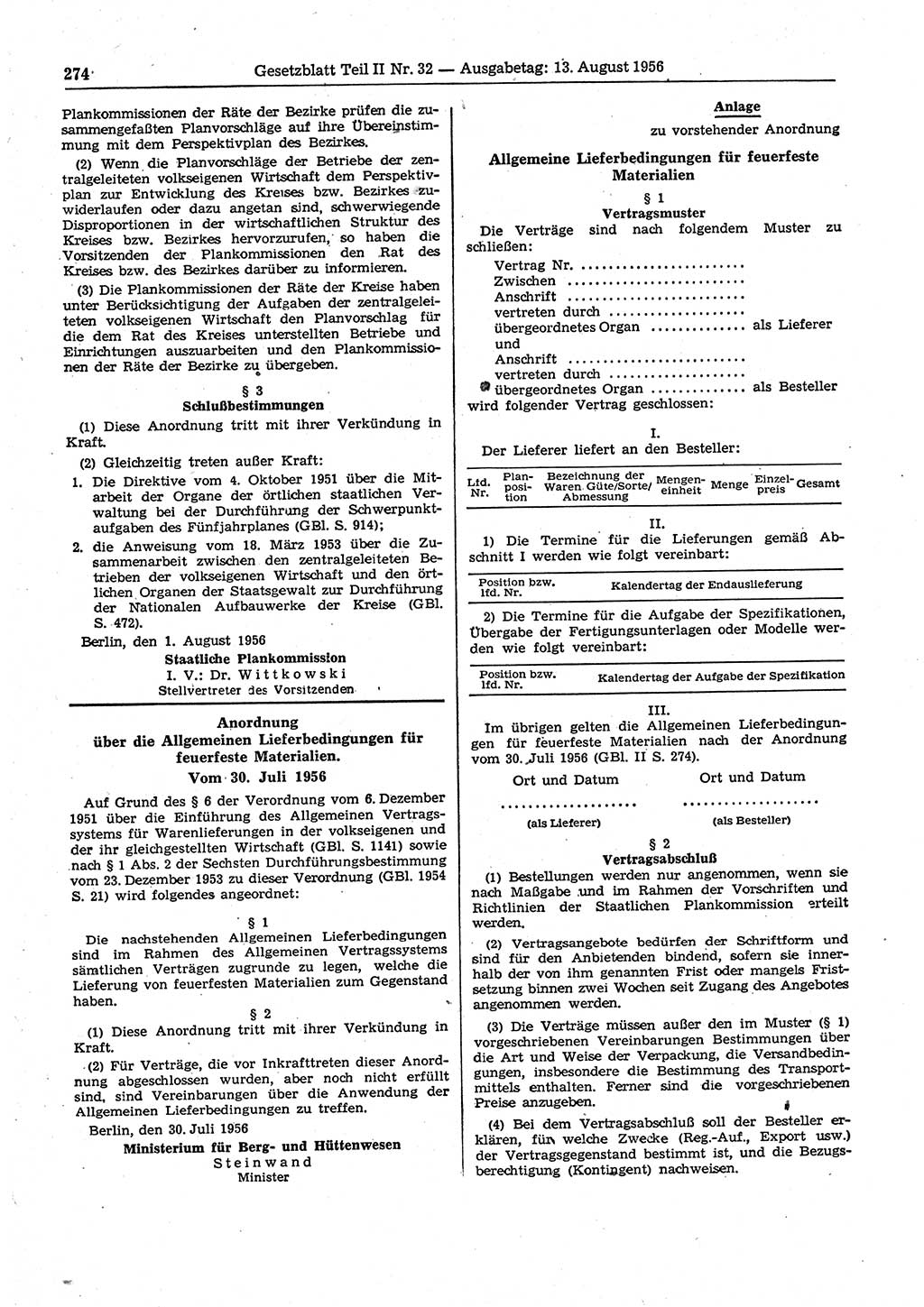 Gesetzblatt (GBl.) der Deutschen Demokratischen Republik (DDR) Teil ⅠⅠ 1956, Seite 274 (GBl. DDR ⅠⅠ 1956, S. 274)