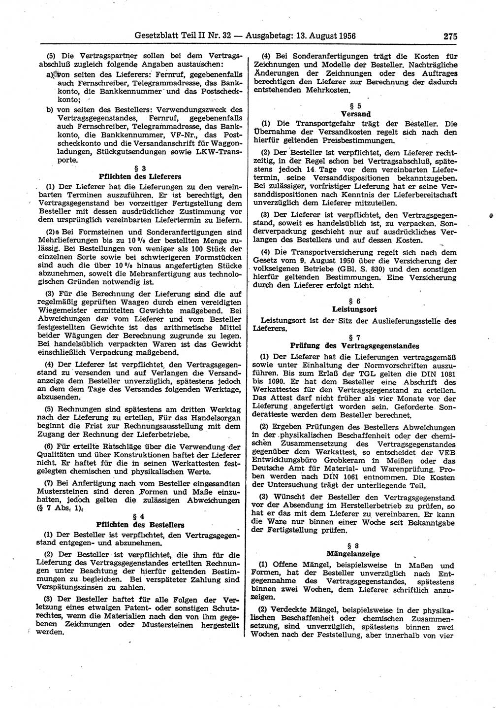 Gesetzblatt (GBl.) der Deutschen Demokratischen Republik (DDR) Teil ⅠⅠ 1956, Seite 275 (GBl. DDR ⅠⅠ 1956, S. 275)