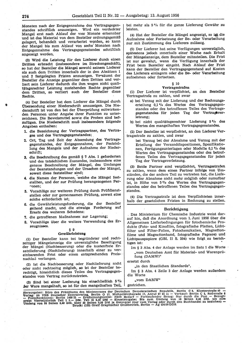Gesetzblatt (GBl.) der Deutschen Demokratischen Republik (DDR) Teil ⅠⅠ 1956, Seite 276 (GBl. DDR ⅠⅠ 1956, S. 276)
