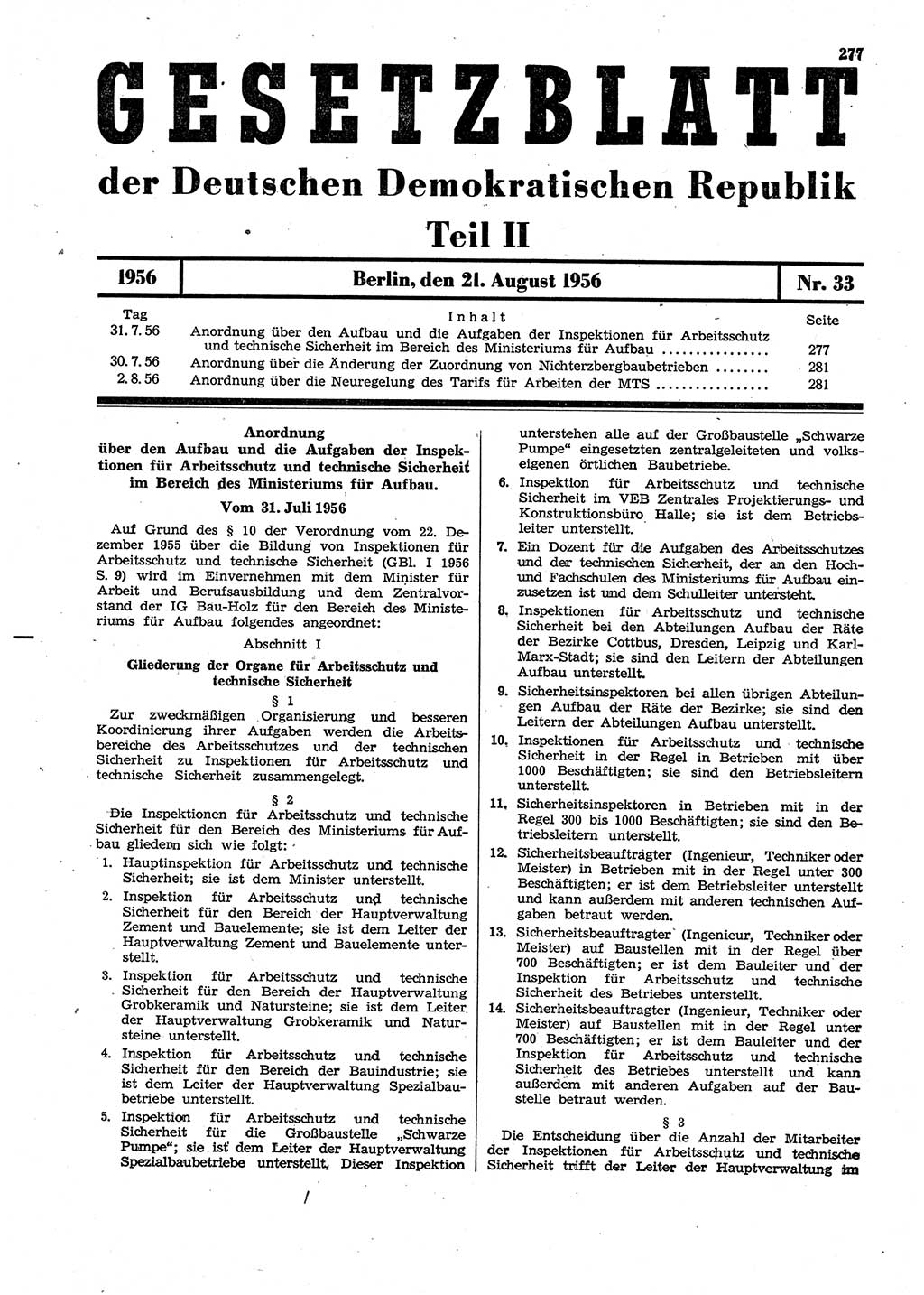 Gesetzblatt (GBl.) der Deutschen Demokratischen Republik (DDR) Teil ⅠⅠ 1956, Seite 277 (GBl. DDR ⅠⅠ 1956, S. 277)